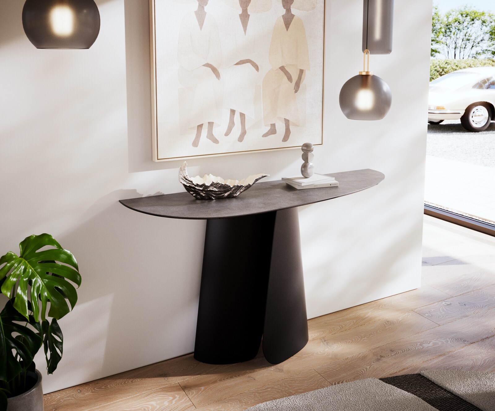 Consoletafel Edge Oval 140x40 cm Keramiek Beton Grijs Livos Metaal Zwart 2