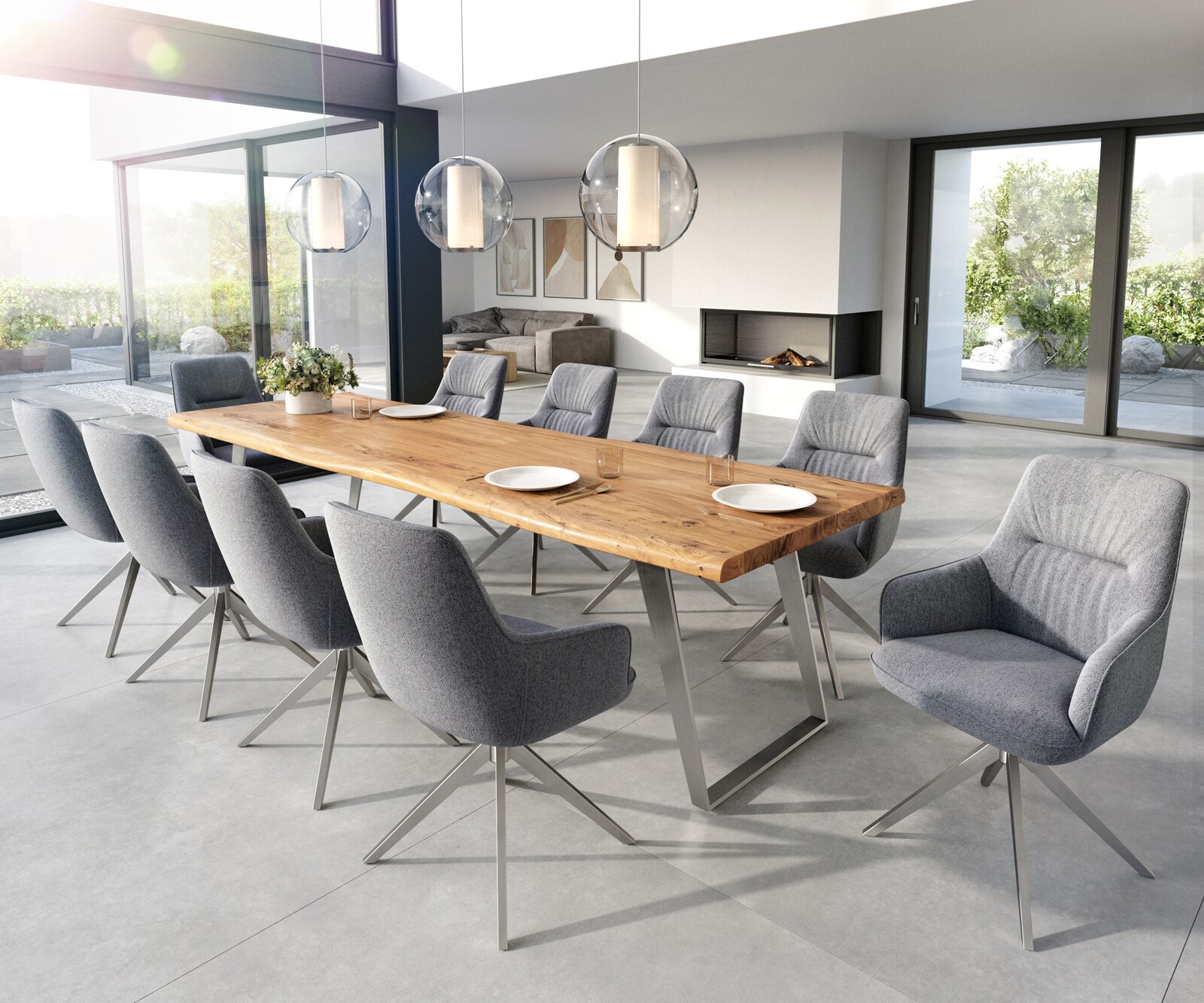 Eetkamerstoel Zelia-Flex met armleuning structuurstof lichtgrijs kruisframe breed roestvrij staal pocketveer kern 3 Eetkamerstoel Zelia-Flex met armleuning structuurstof lichtgrijs kruisframe breed roestvrij staal pocketveer kern 3