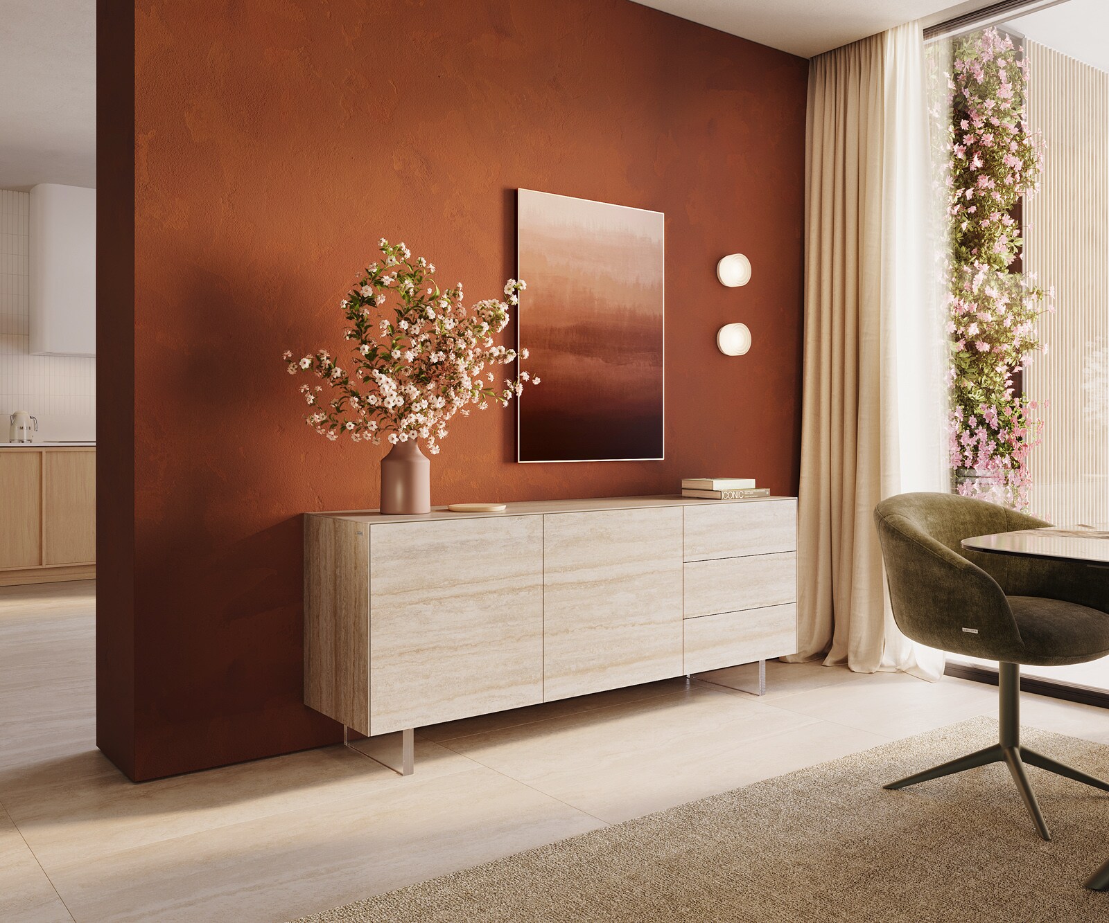 Dressoir Cuor 180 cm Keramiek Laminam® Travertino Bianco Crème-wit 2 Deuren 3 Laden Zwevende voet look Acrylglas