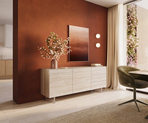 Dressoir Cuor 180 cm Keramiek Laminam® Travertino Bianco Crème-wit 2 Deuren 3 Laden Zwevende voet look Acrylglas