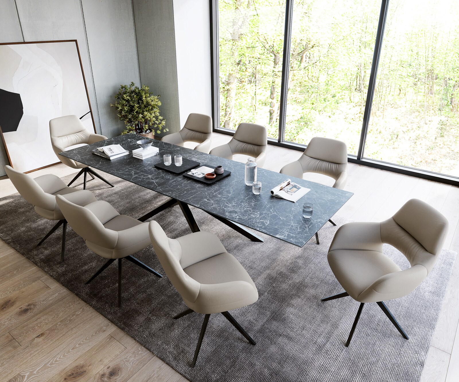 Eettafel Edge 300x100cm Laminam® keramiek grijs middenpoot kruis zwart 5