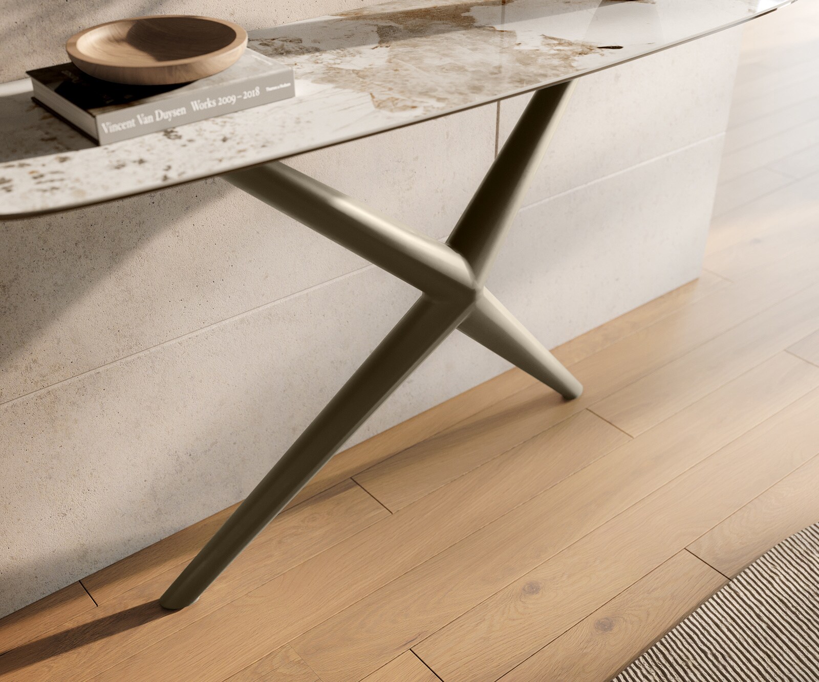 Consoletafel Edge Bootvorm 140x40 cm Keramiek Minas Melange Weiß-Beige Estelo Metaal Effektfinish Titan 6