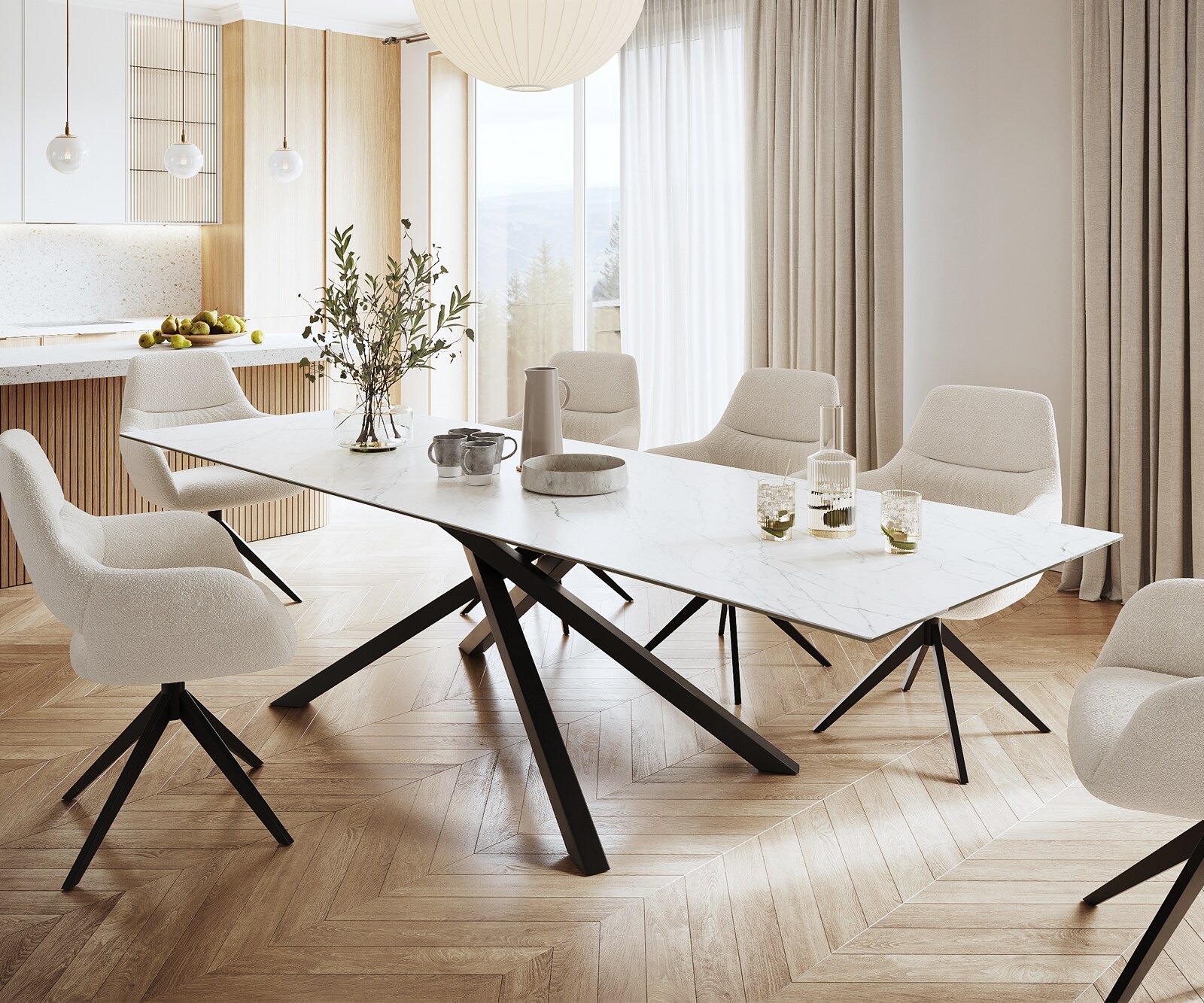 Eettafel Edge 300x100cm Laminam® keramiek wit middenpoot kruis zwart
