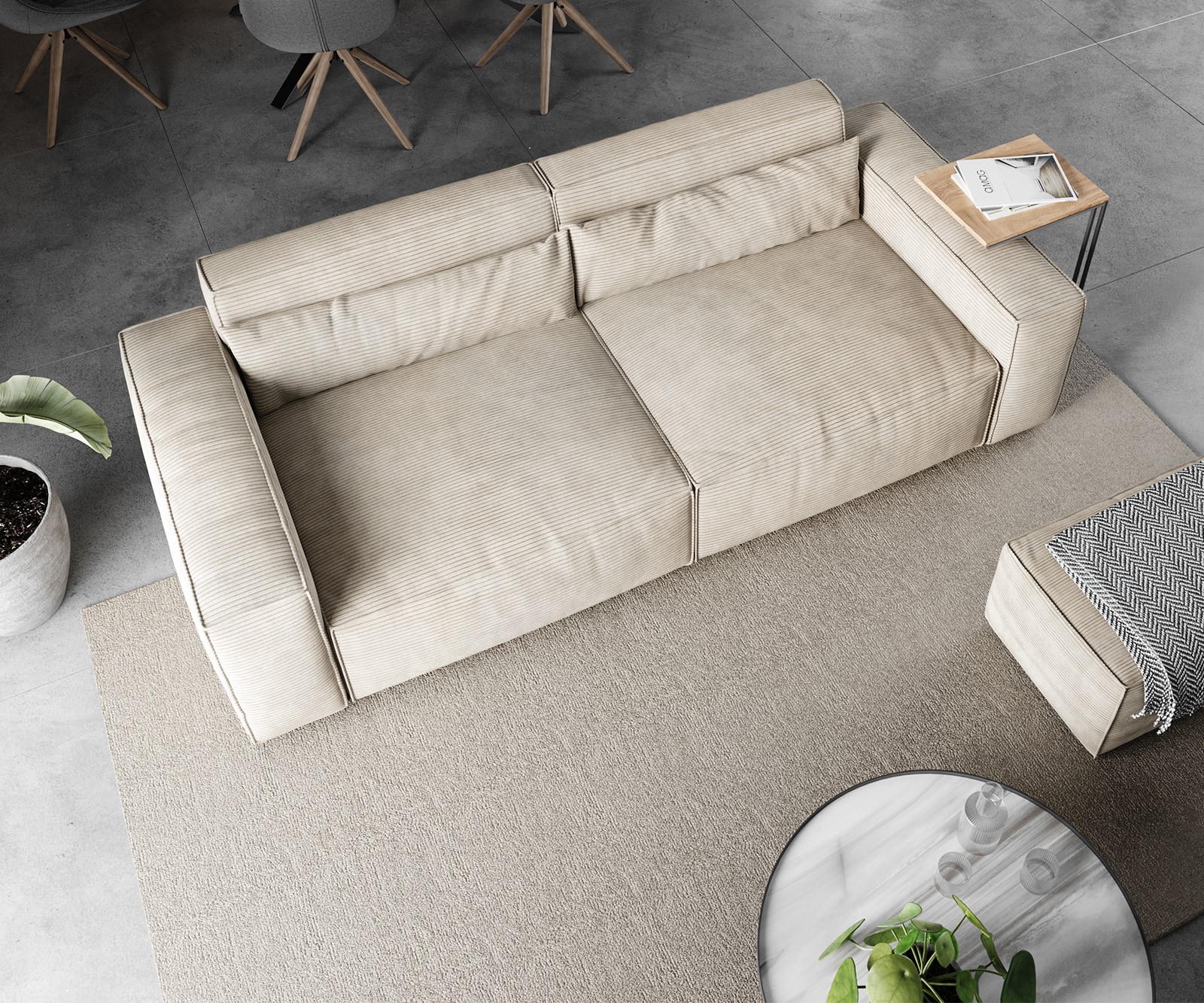 Grote bank Sirpio 230x90 cm koorduroy beige met kruk 3