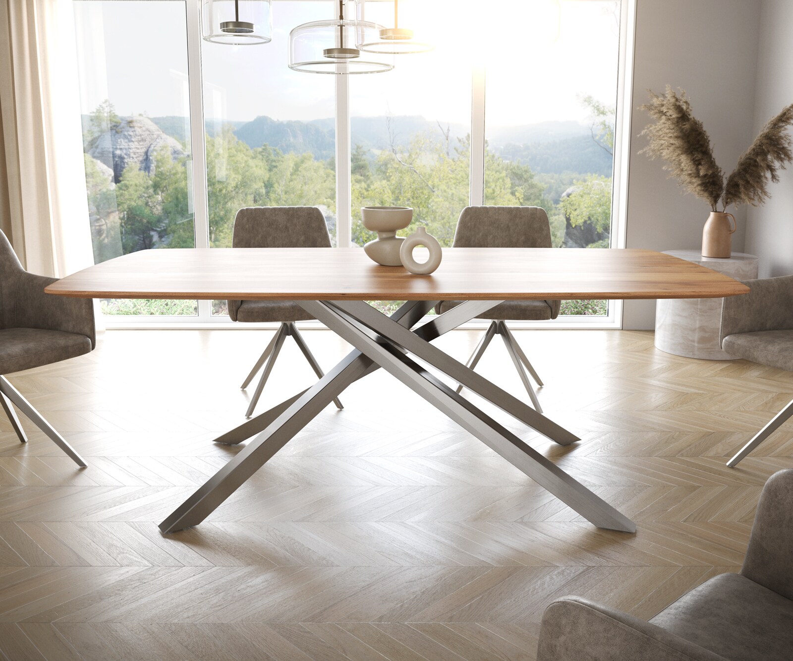 Eettafel Edge Boot 200x100 acacia natuur kruisframe rechthoek roestvrij staal  Schweizer Kante 2
