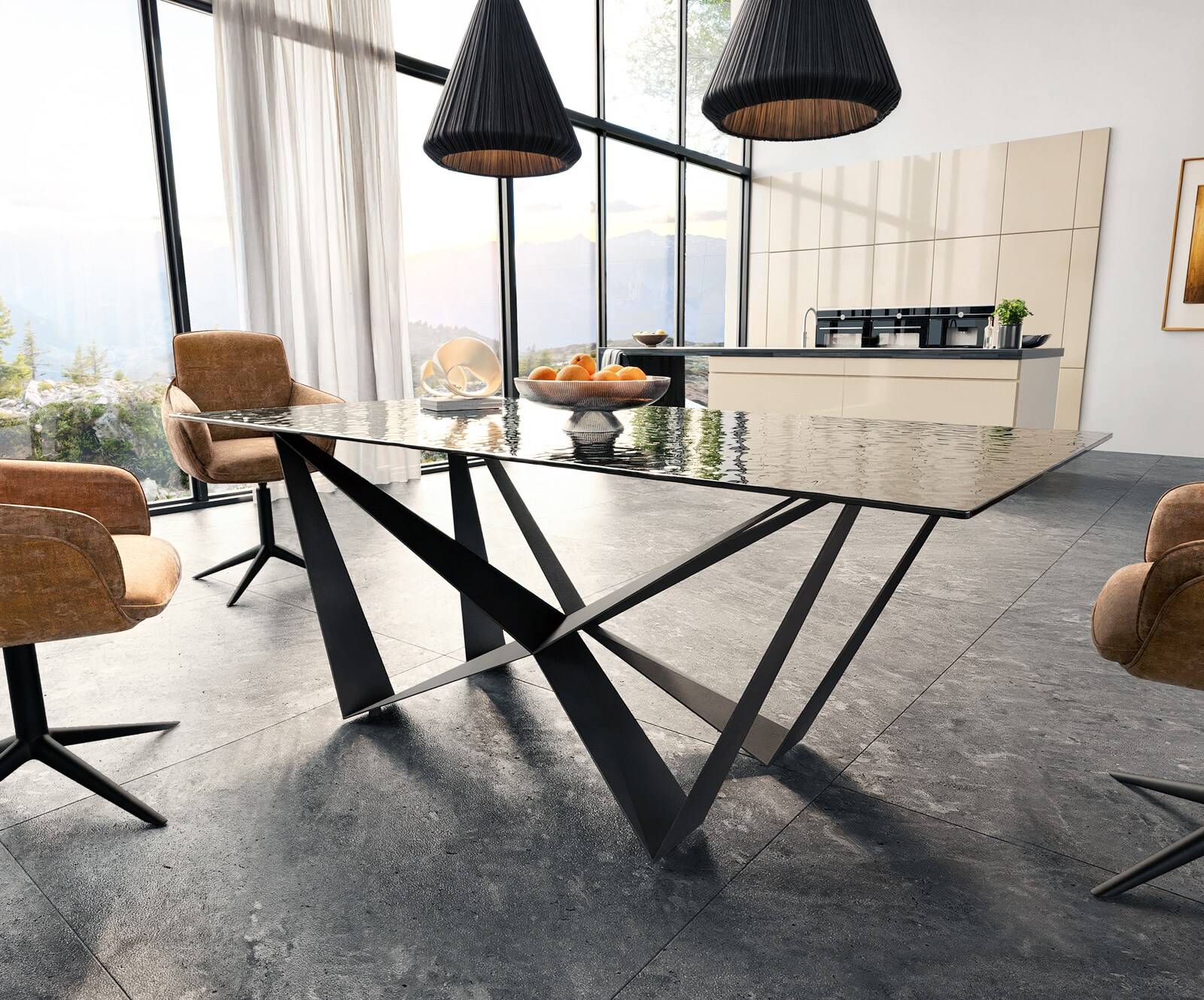Eetkamertafel Edge 200x100 Glas smelten rokerig zwart 3D-Relief spider vlak staal zwart 3