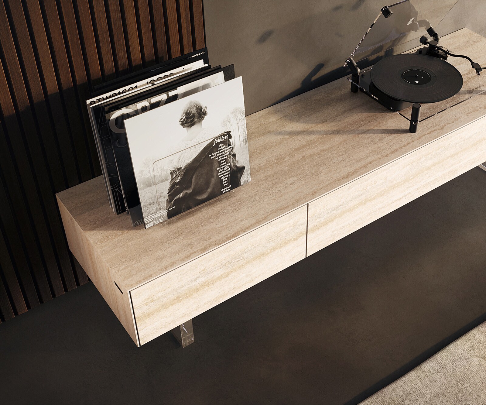 Tv-meubel Cuor 150 cm Keramiek Laminam® Travertino Bianco Crème-wit 1 Flap 1 Lade Zwevende voet look Acrylglas 3