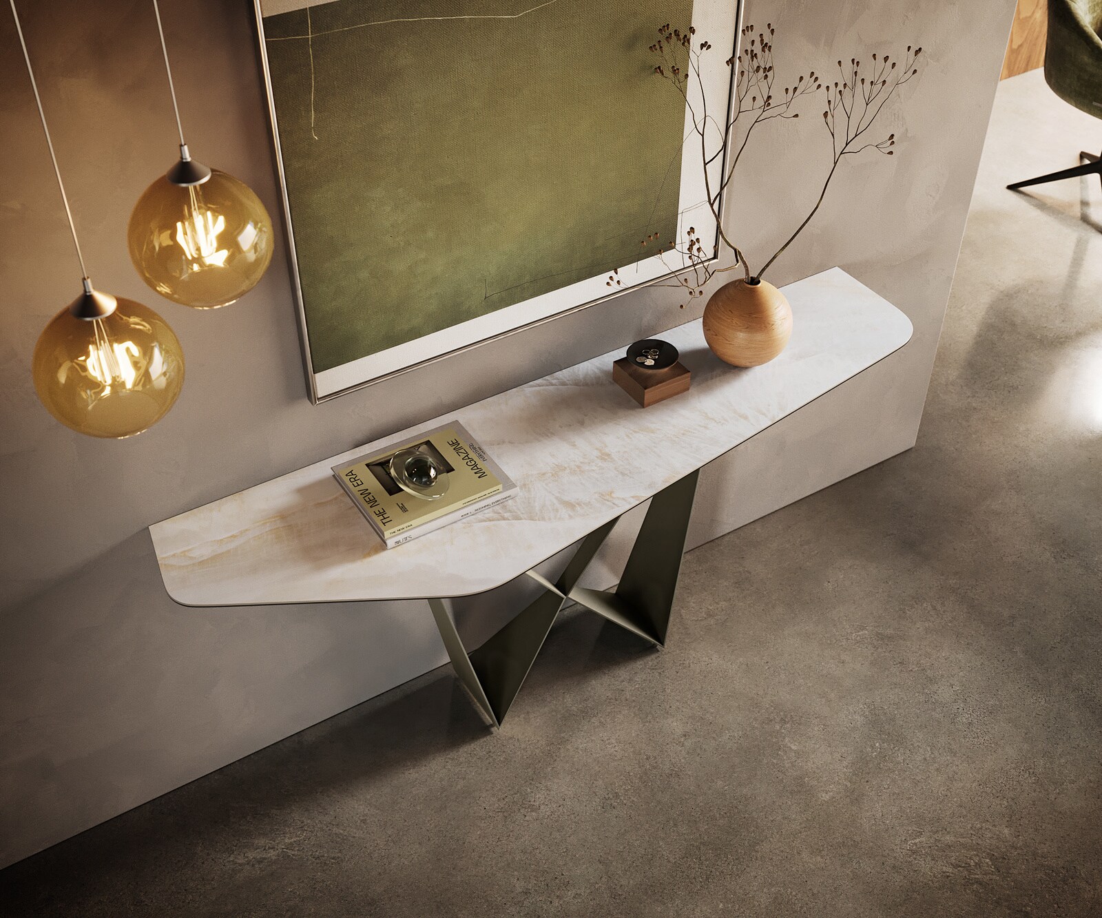Consoletafel Edge Polygonaal 180x50 cm Keramiek Onyx Pearl Spios Metaal Effektfinish Titan 2