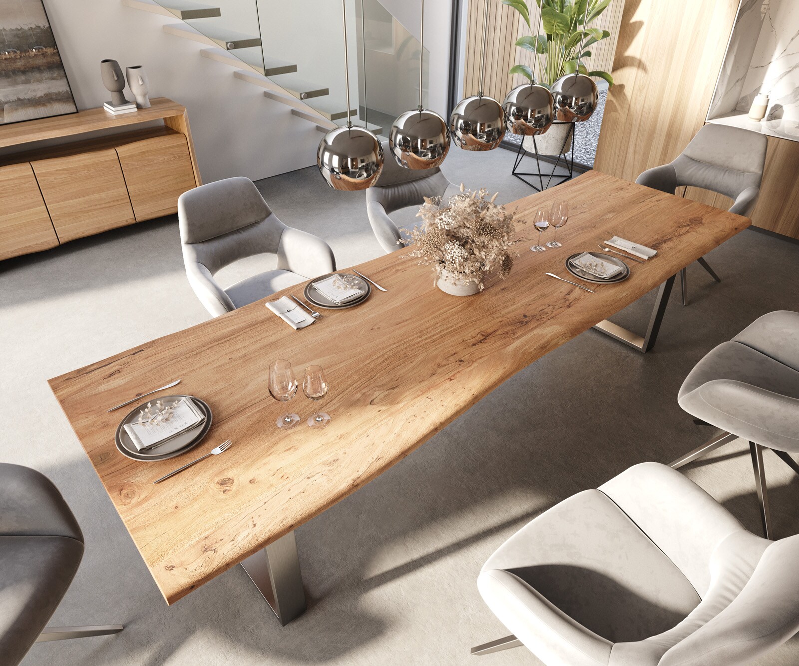 Eettafel Edge 300x100 acacia natuur roestvrijstaal smal Live-Edge 4