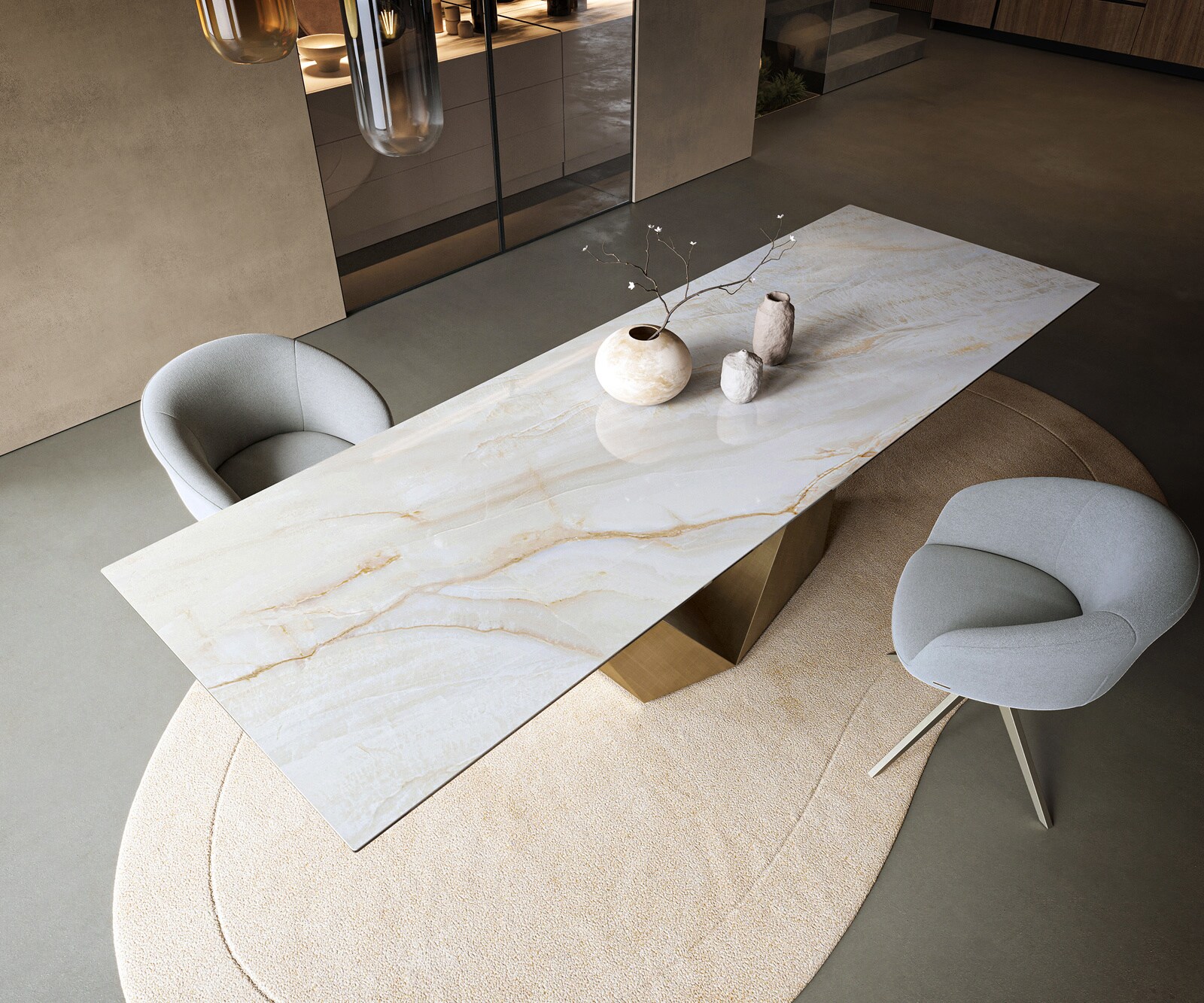 Eettafel Edge 300x100 cm keramiek Onyx Pearl Prisma metallic goud 4