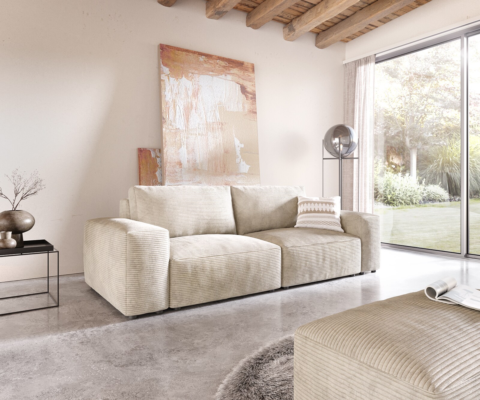 Big-sofa Lanzo 230x95 cm ribcord beige met hocker