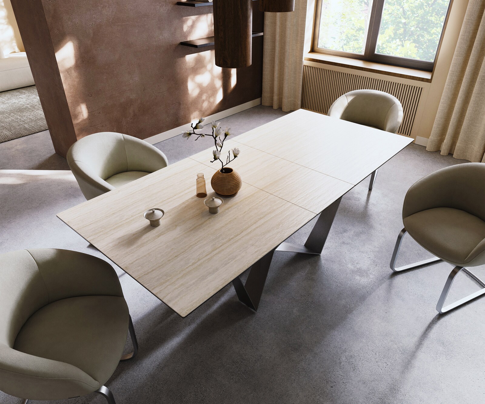 Eettafel Edge 180-220x90 keramiek  Laminam® Travertino Bianco Creme-wit Spider vlak staal RVS uitrekbaar 3
