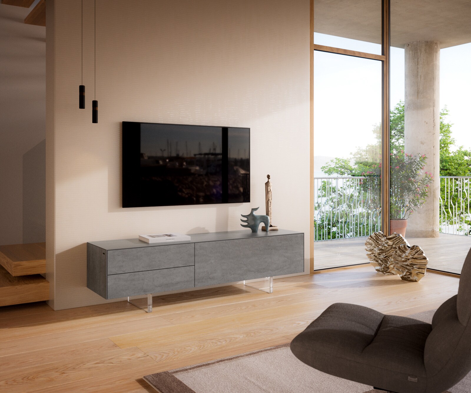 Tv-meubel Cuor 180 cm Keramiek Beton Grijs 1 Flap 2 Laden Zwevende voet look Acrylglas 1
