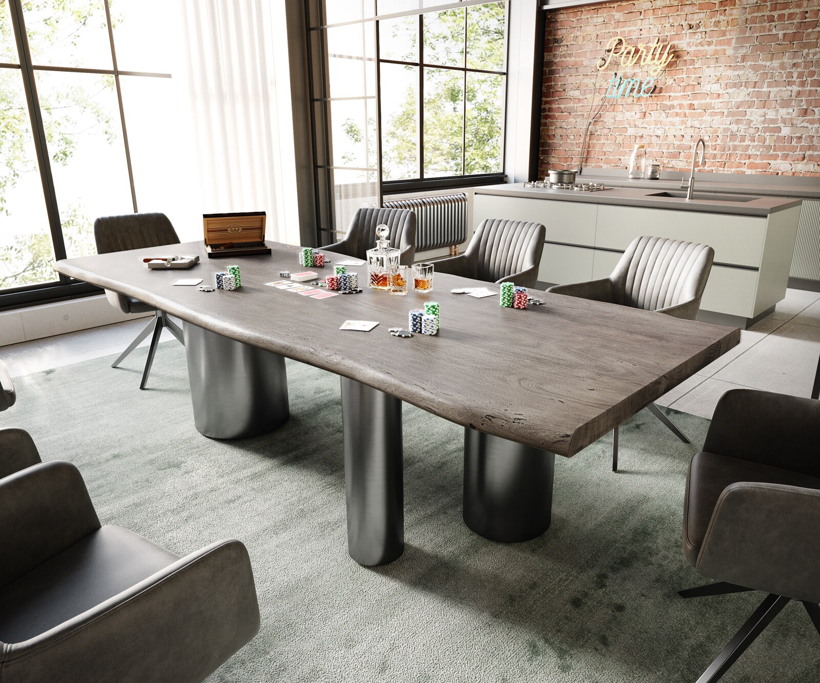 Eetkamertafel Edge 260x100 acacia platina Troa roestvrij staal grafiet Live-Edge