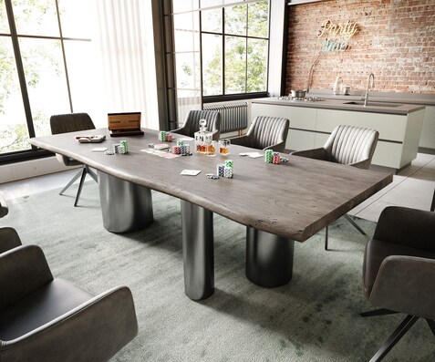 Eetkamertafel Edge 260x100 acacia platina Troa roestvrij staal grafiet Live-Edge