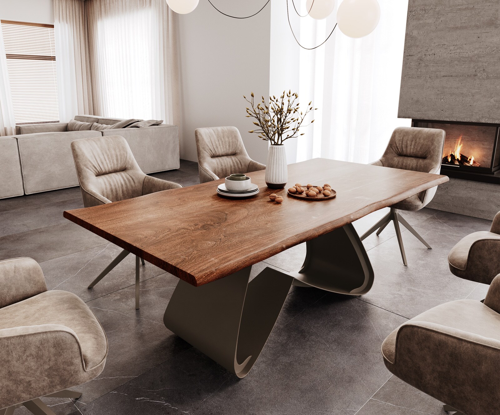 Eetkamertafel Edge 200x100 acacia bruin W-frame metaal effectafwerking titaan Live-Edge