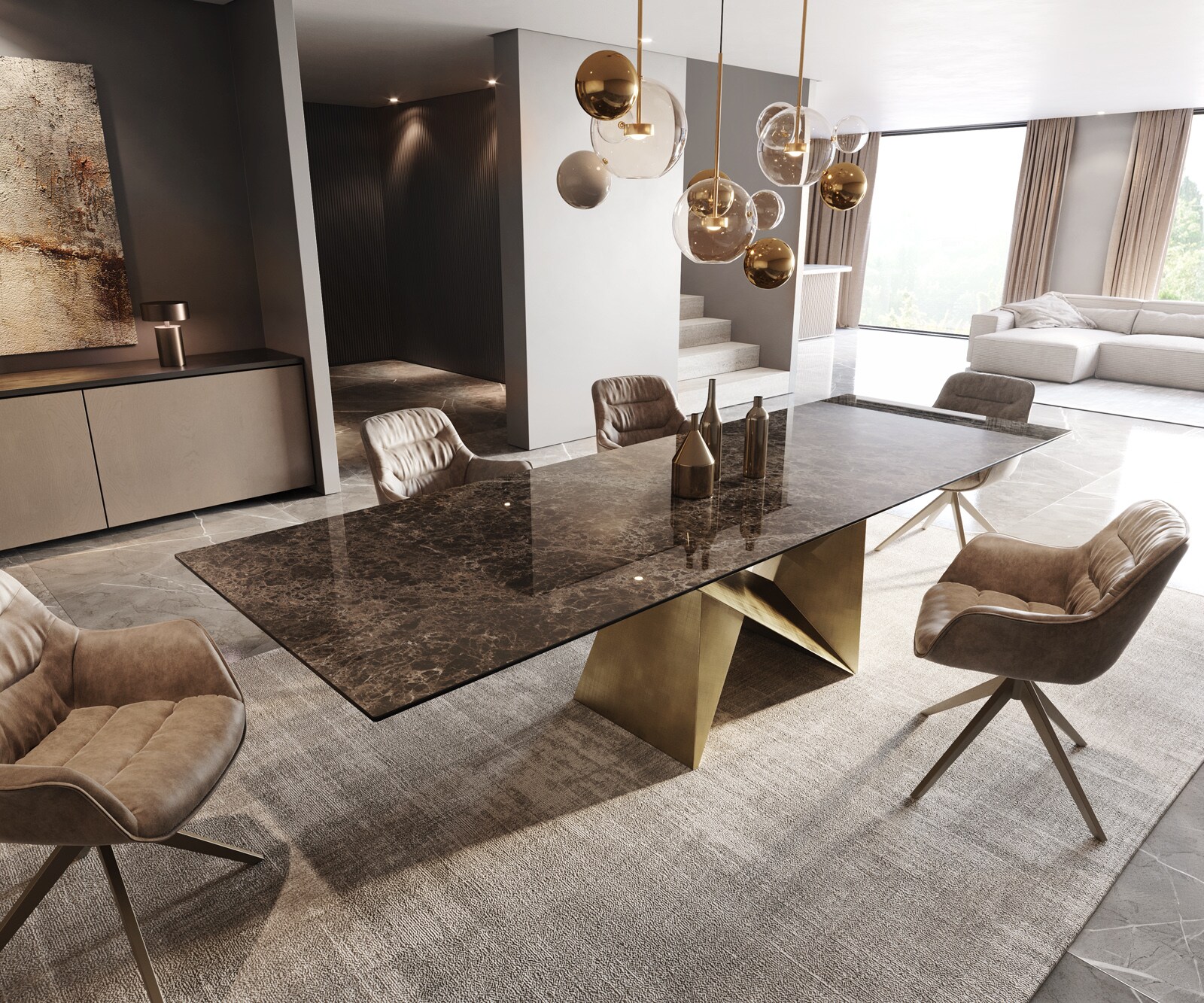 Eettafel Edge 300x100 keramiek  Laminam® Emperador Extra Lucidato donkerbruin Origami metaal goud