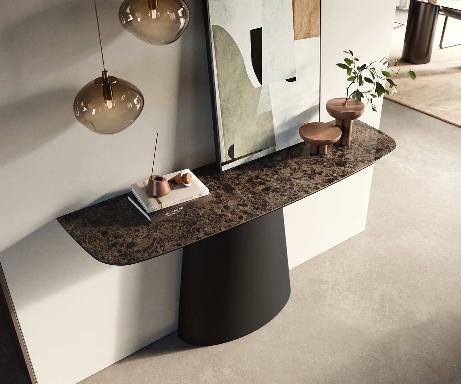 Consoletafel Edge Bootvorm 140x40 cm Keramiek Emperador Extra Lucidato Dunkelbraun Conos Metaal Zwart 1