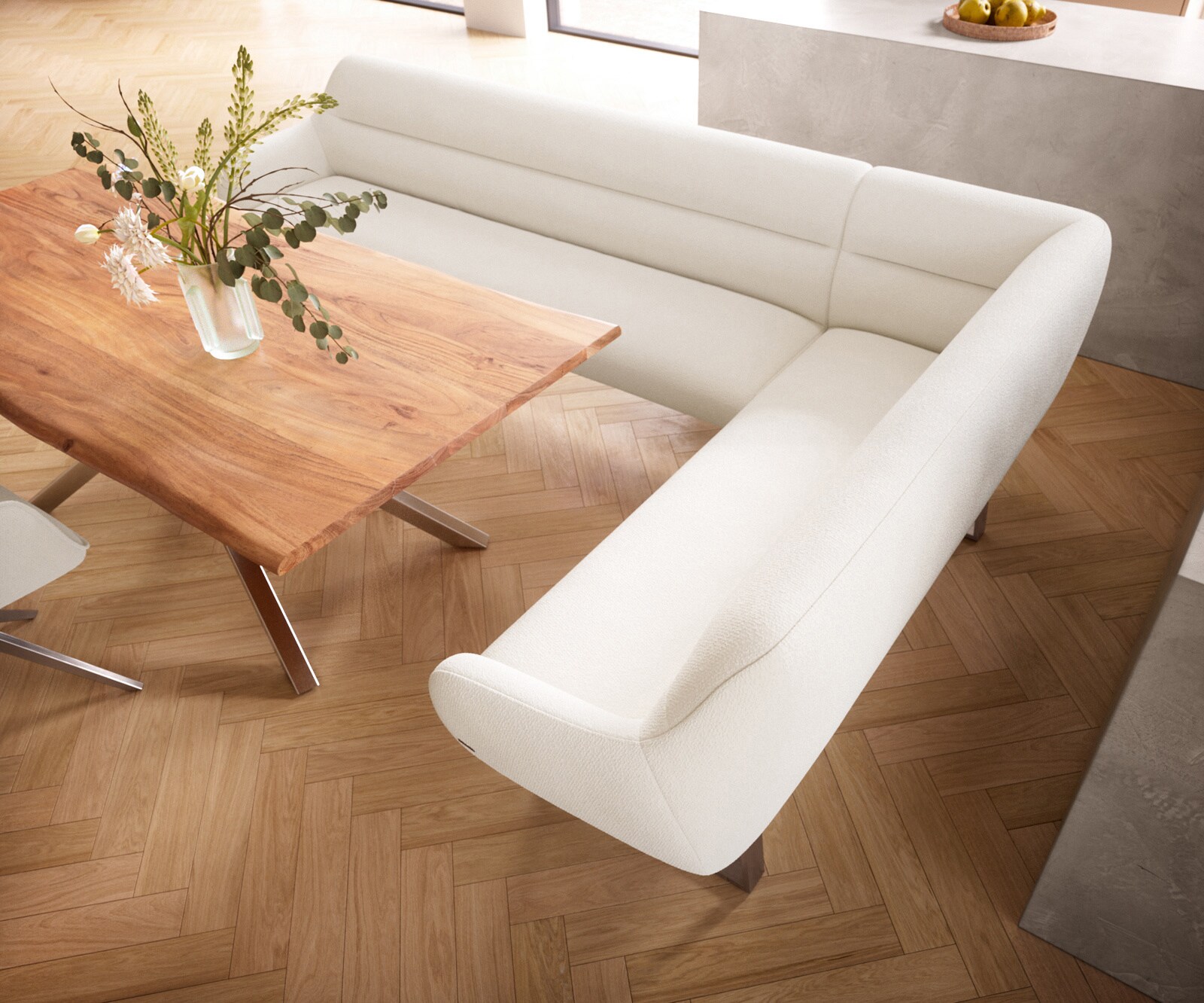Eetkamerbank Taya-Flex 285x190 cm bouclé crème-wit gekant sledeframe roestvrij staal pocketvering rechts 3