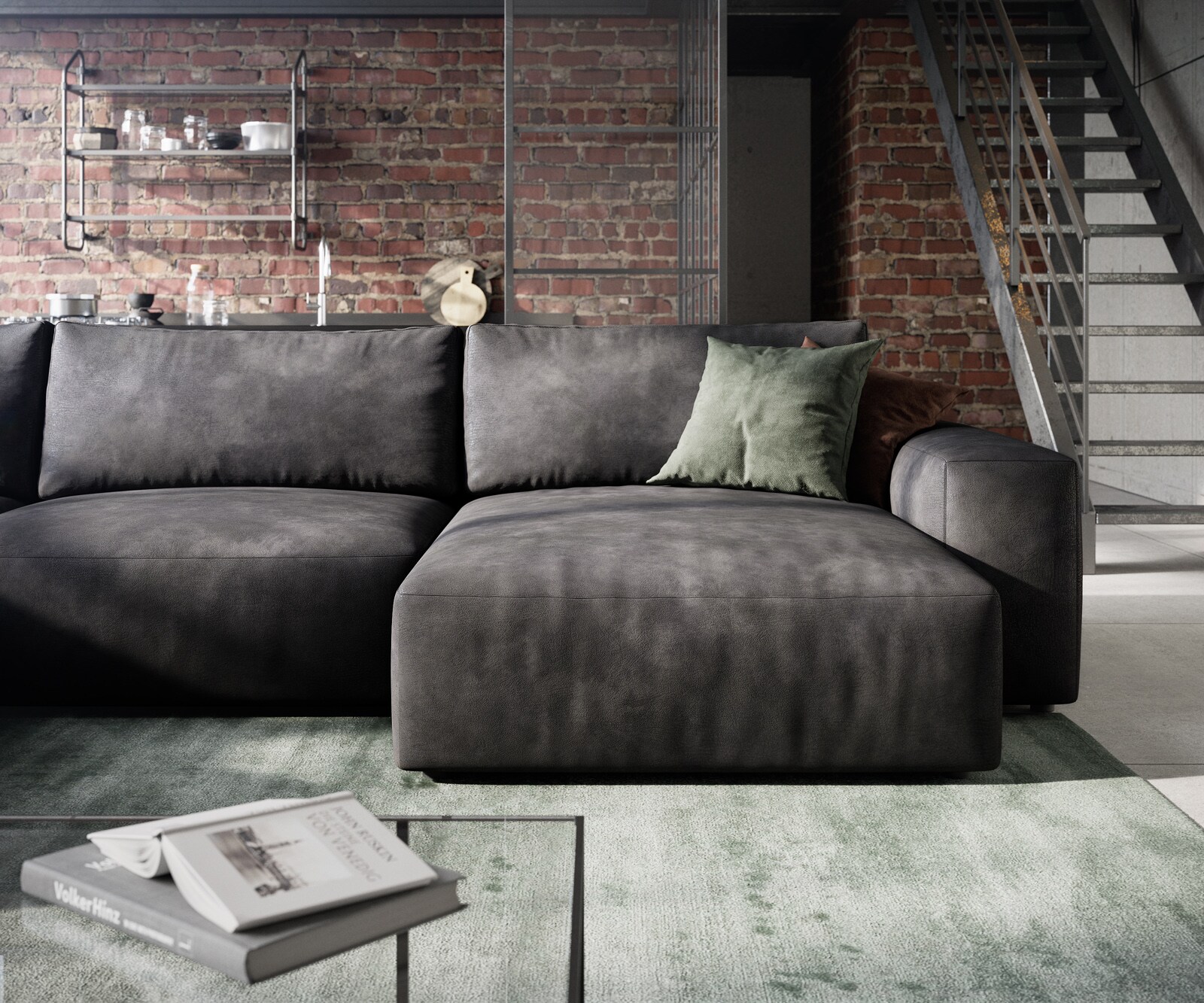 Woonlandschap Lanzo 300x210 cm kunstleer vintage antraciet met variabele recamière en hocker 5