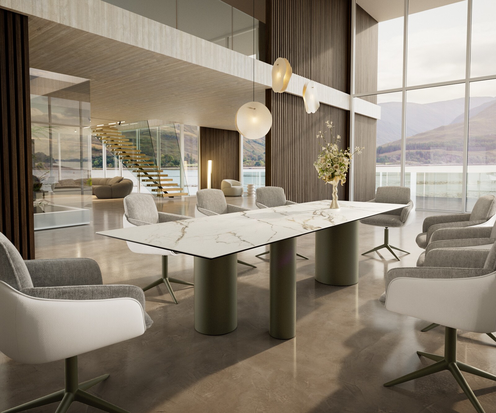 Eetkamertafel Edge 300x100 keramiek Calacatta Luxe wit-Gold-grijs Troa metaal effectafwerking titaan 5