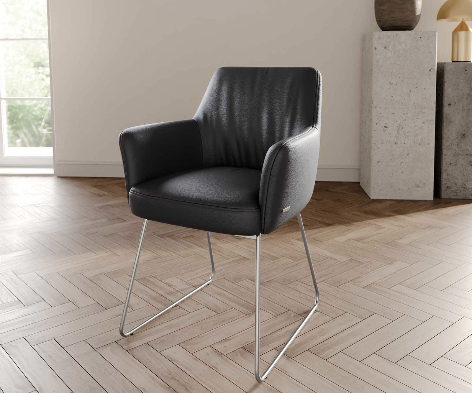 Eetkamerstoel Xana-Flex met armleuning echt leer zwart slipframe roestvrij staal pocketveer kern Eetkamerstoel Xana-Flex met armleuning echt leer zwart slipframe roestvrij staal pocketveer kern