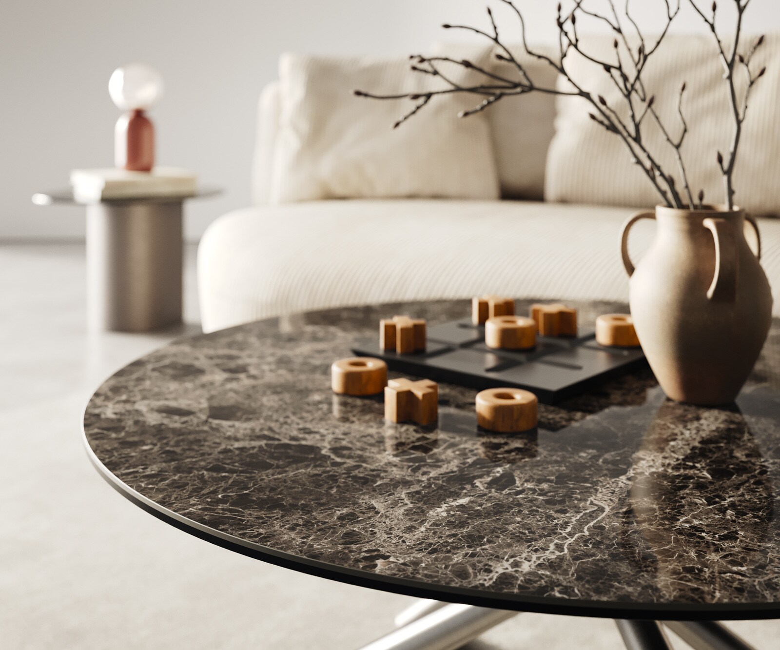 Salontafel Edge rond 90x90 cm keramiek Laminam® Emperador Extra Lucidato donkerbruin Sarity geborsteld roestvrij staal 4