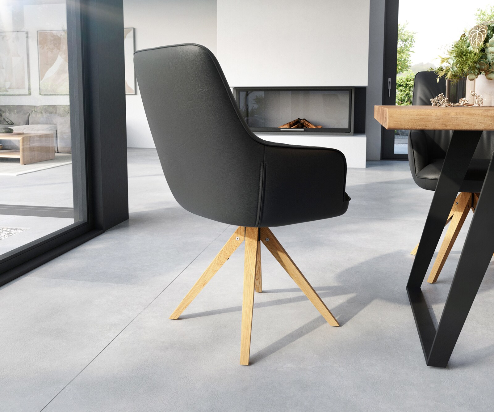 Eetkamerstoel Zelia-Flex met armleuning echt leer zwart houten frame hoekig natuur pocketveer kern 4