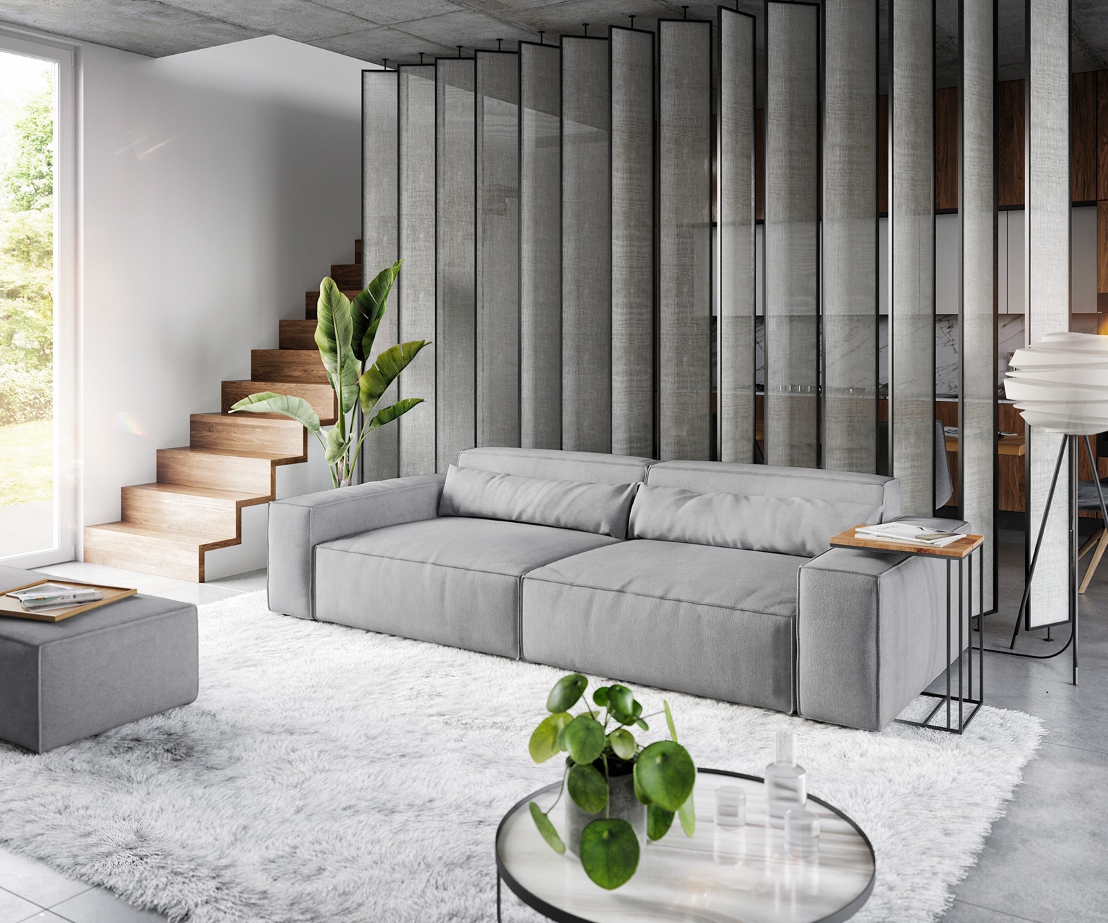 Big-sofa Sirpio XL 270x130 cm microvezel grijs met kruk 1 Big-sofa Sirpio XL 270x130 cm microvezel grijs met kruk 1