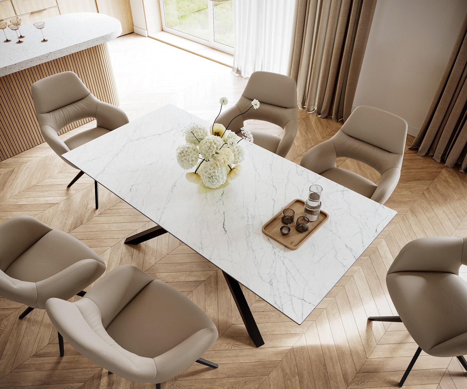 Eettafel Edge 200x100cm Laminam® keramiek wit middenpoot kruis zwart 3