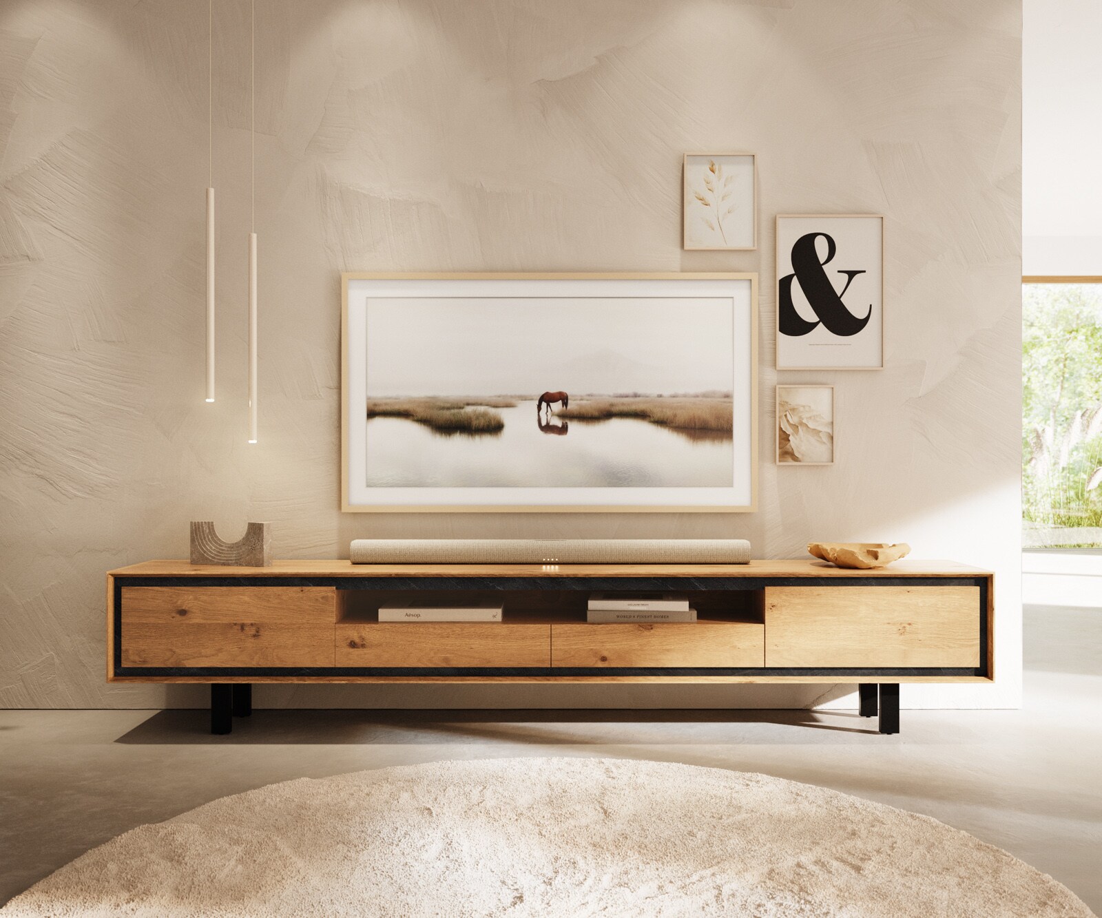 TV-meubel Stonegrace 240 cm eiken natuur 2 deuren 2 lades 1 vak Poot vierkant metaal zwart 2