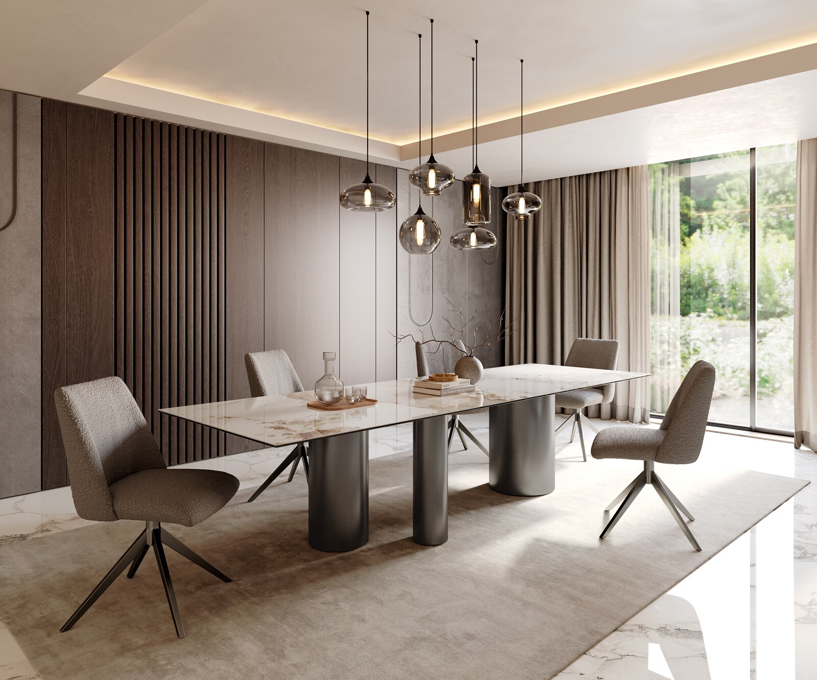 Eetkamertafel Edge 300x100 keramiek Minas Melange wit-Beige Troa roestvrij staal grafiet 5