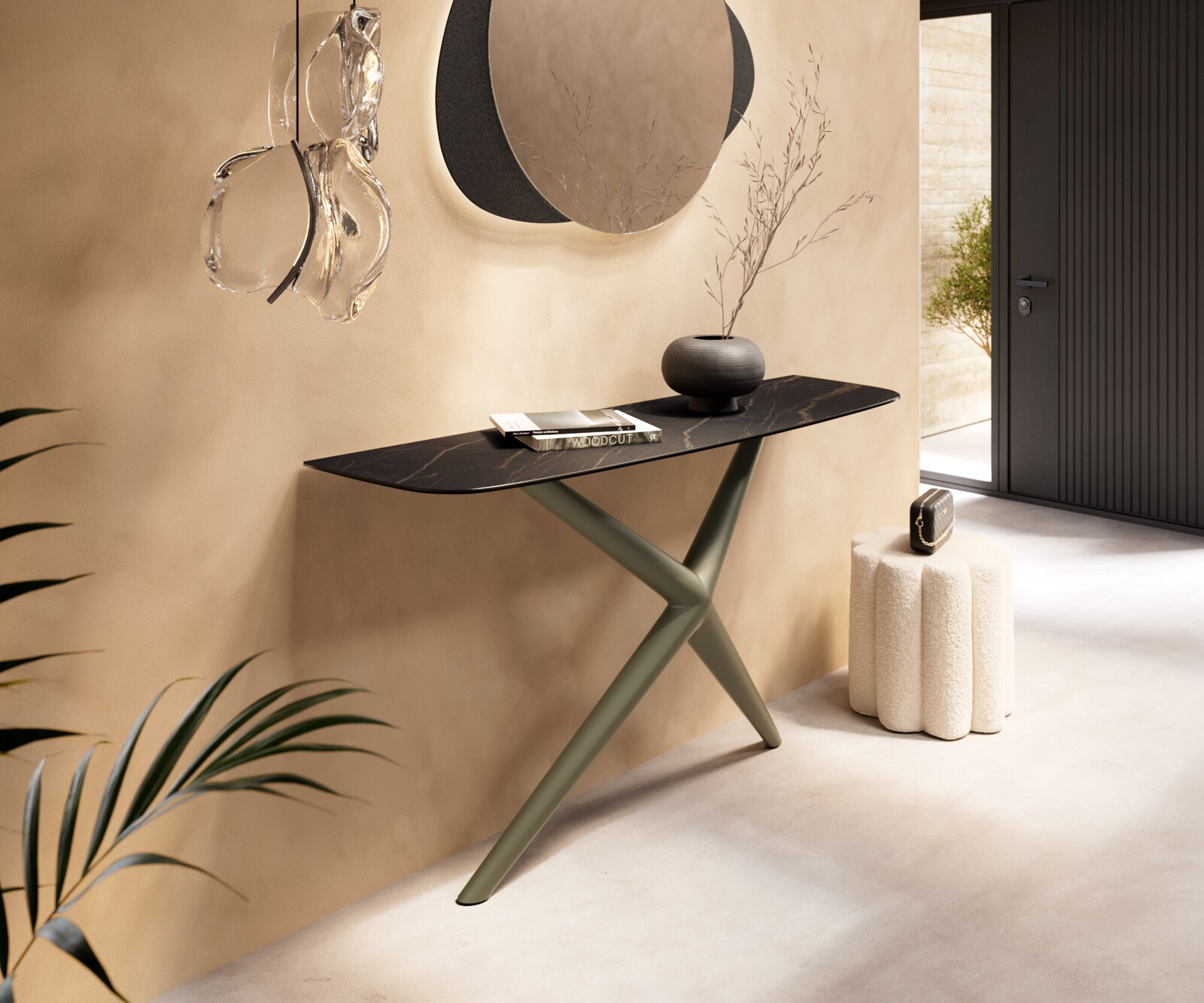 Consoletafel Edge Bootvorm 140x40 cm Keramiek Laminam® Noir Desir Braun Estelo Metaal Effektfinish Titan 4
