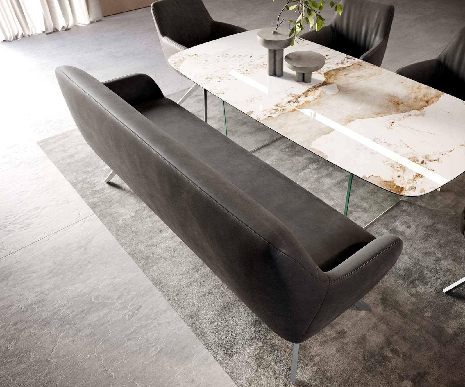 Eetkamerbank Taya-Flex 200 cm microvelours anthraciet vintage hoekig kruisframe roestvrij staal pocketvering 3