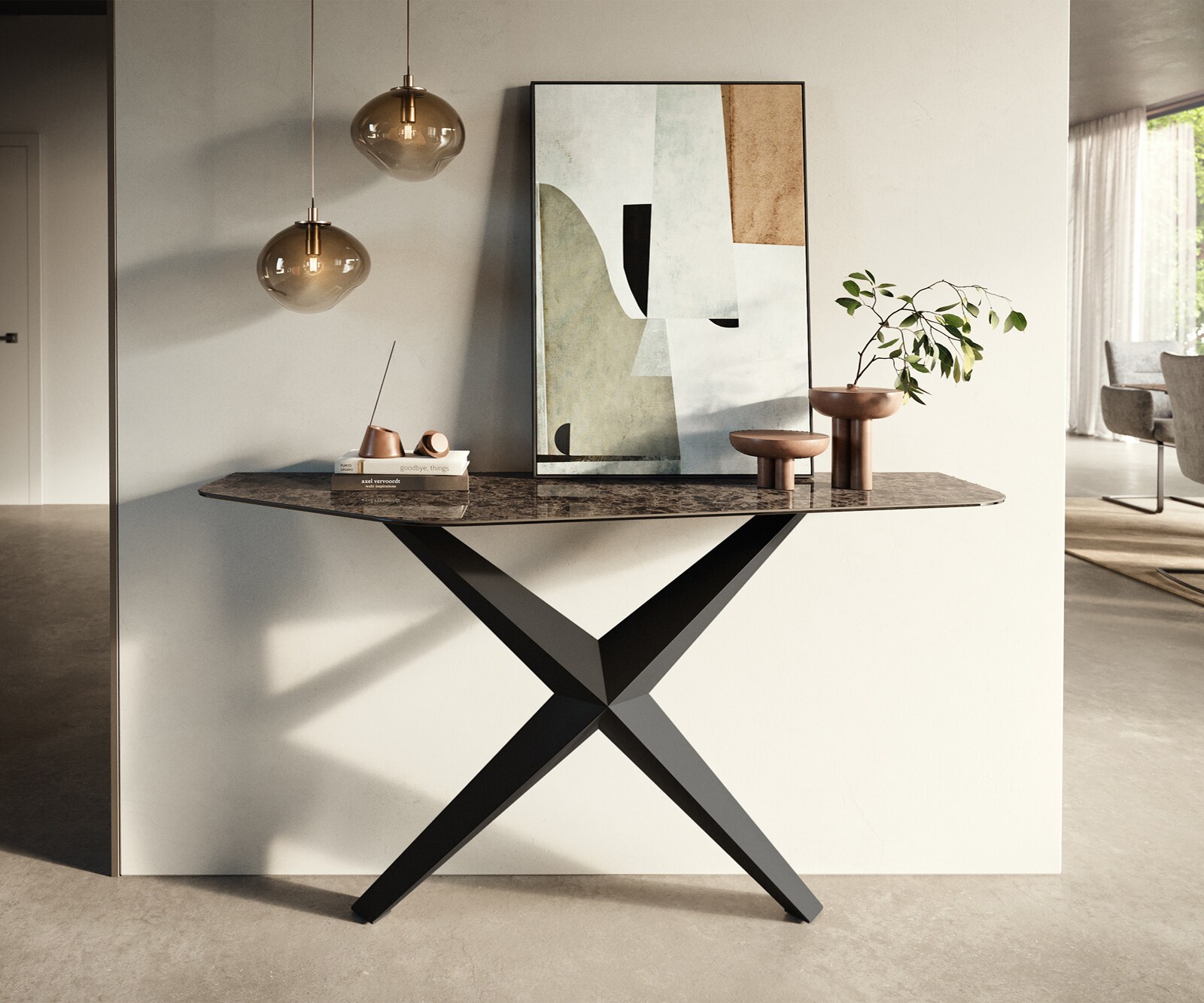 Consoletafel Edge Polygonaal 140x50 cm Keramiek Emperador Extra Lucidato Dunkelbraun Zentharo Metaal Zwart