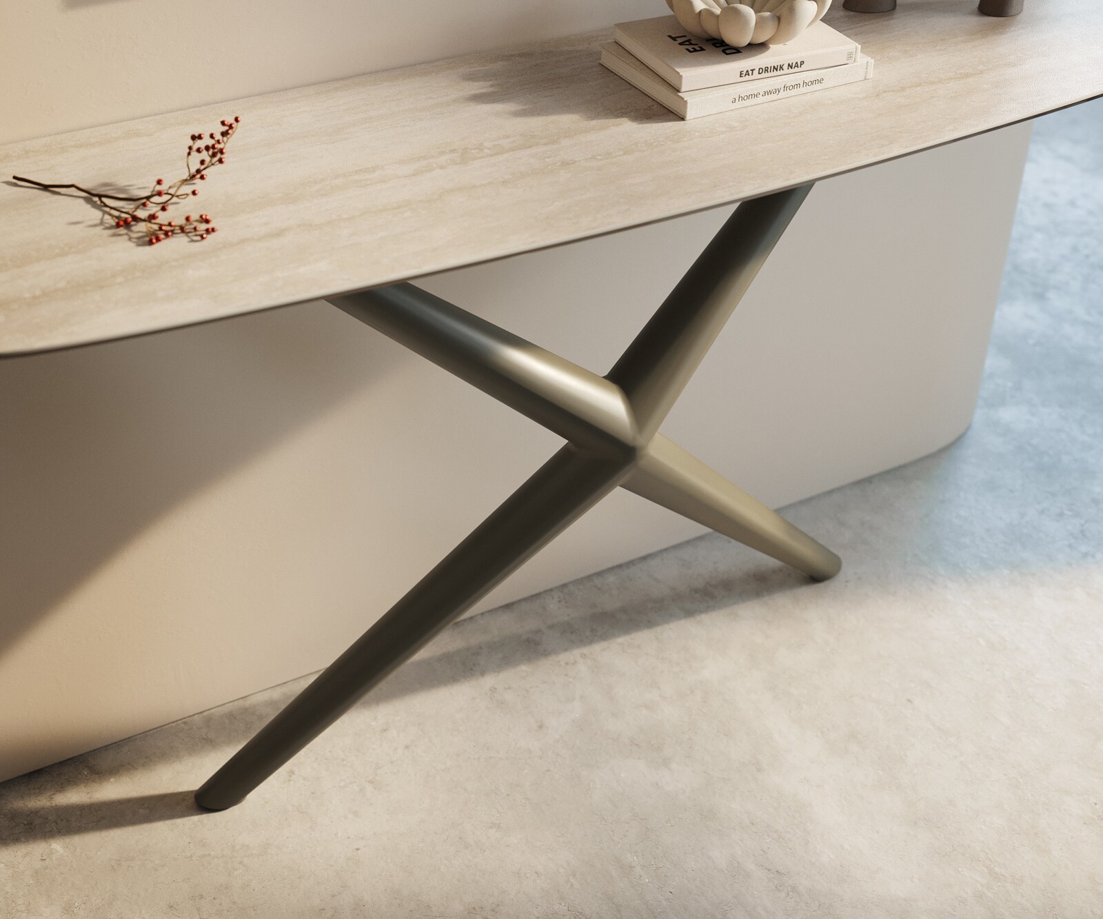 Consoletafel Edge Bootvorm 140x40 cm Keramiek Laminam® Travertino Bianco Creme-Weiß Estelo Metaal Effektfinish Titan 6
