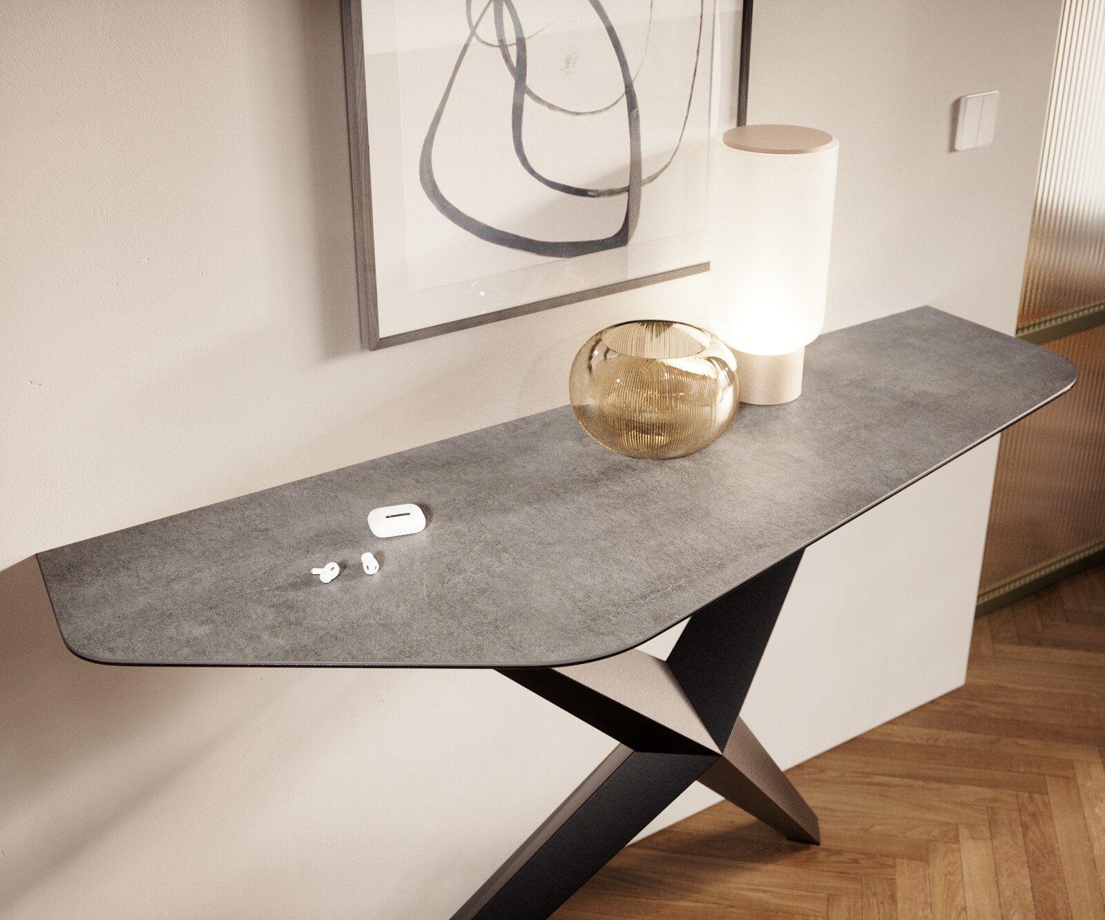Consoletafel Edge Polygonaal 140x50 cm Keramiek Betongrijs Zentharo Metaal Zwart 6