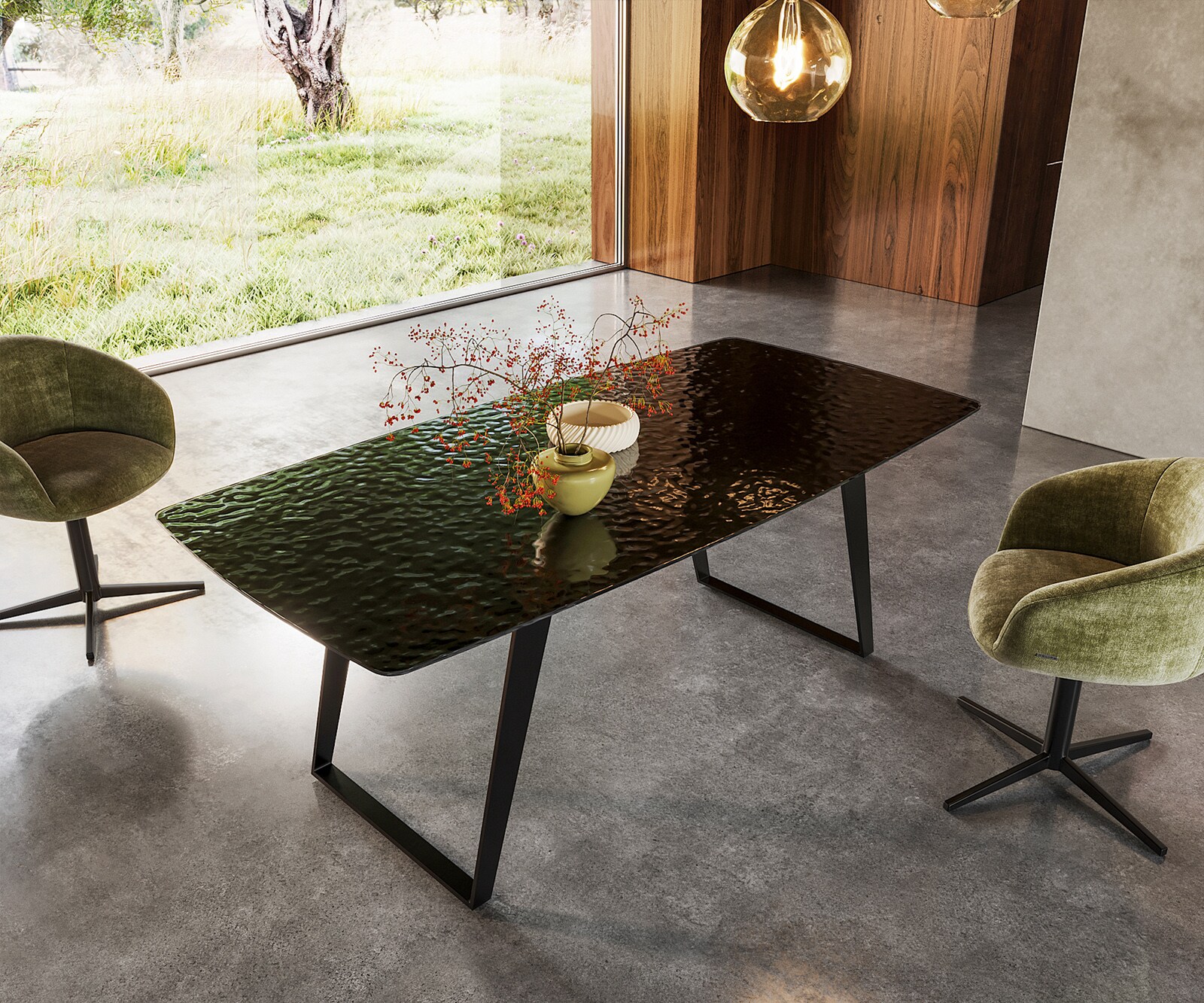 Eettafel Edge Boot 200x100 Reliefglas zwart 3D-Design metaal schuin zwart