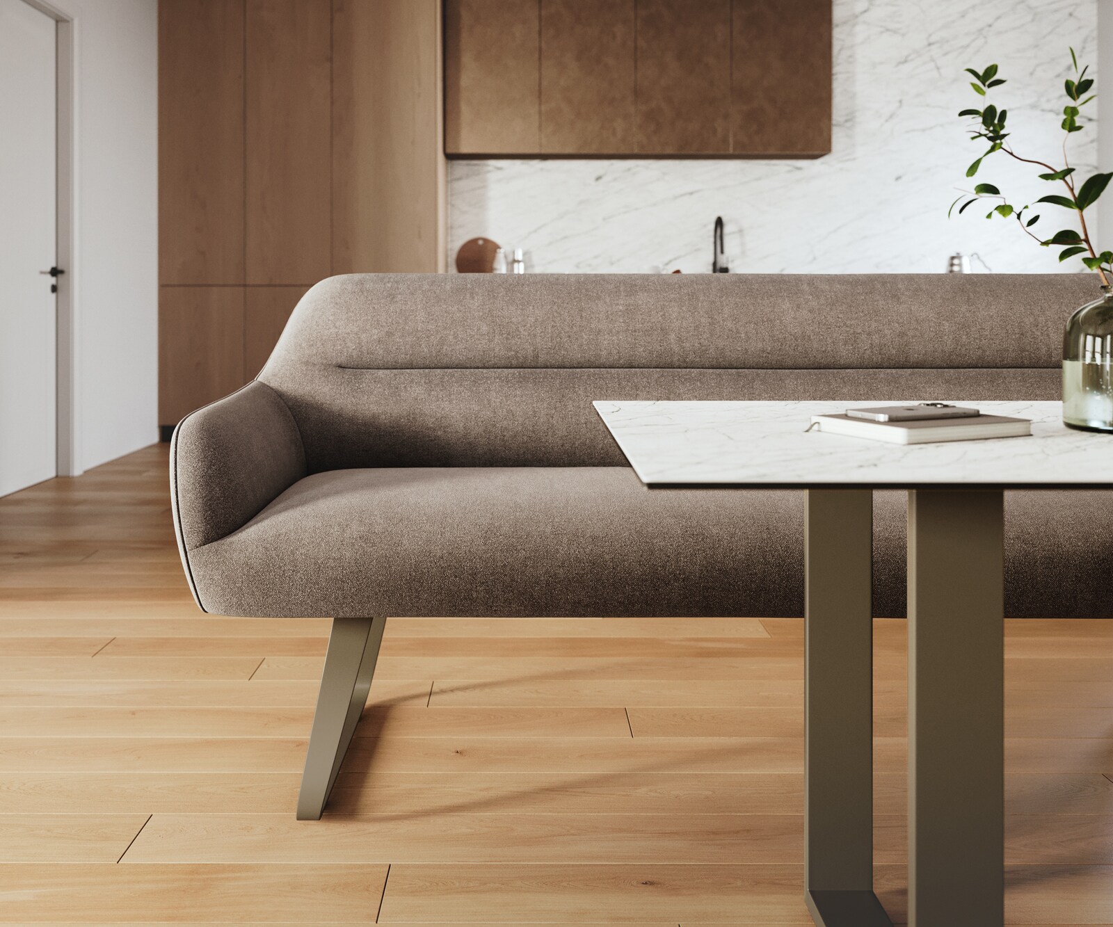 Eetkamerbank Taya-Flex 200 cm zachte stof met structuur taupe platte sledebasis afwerking met titaniumeffect pocketvering 2