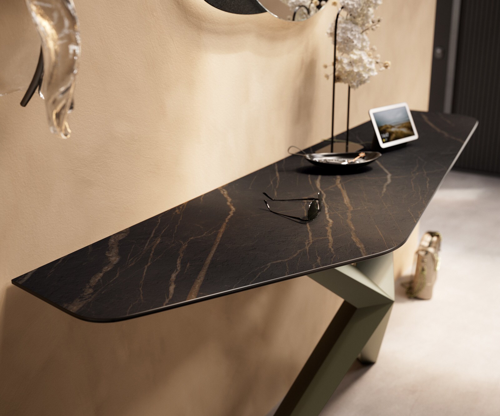 Consoletafel Edge Polygonaal 180x50 cm Keramiek Laminam® Noir Desir Braun Zentharo Metaal Effektfinish Titan 6
