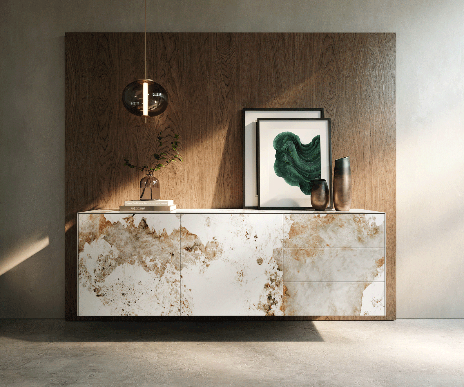 Dressoir Cuor 180 cm Keramiek Minas Melange Wit-beige 2 Deuren 3 Laden Zwevend 2