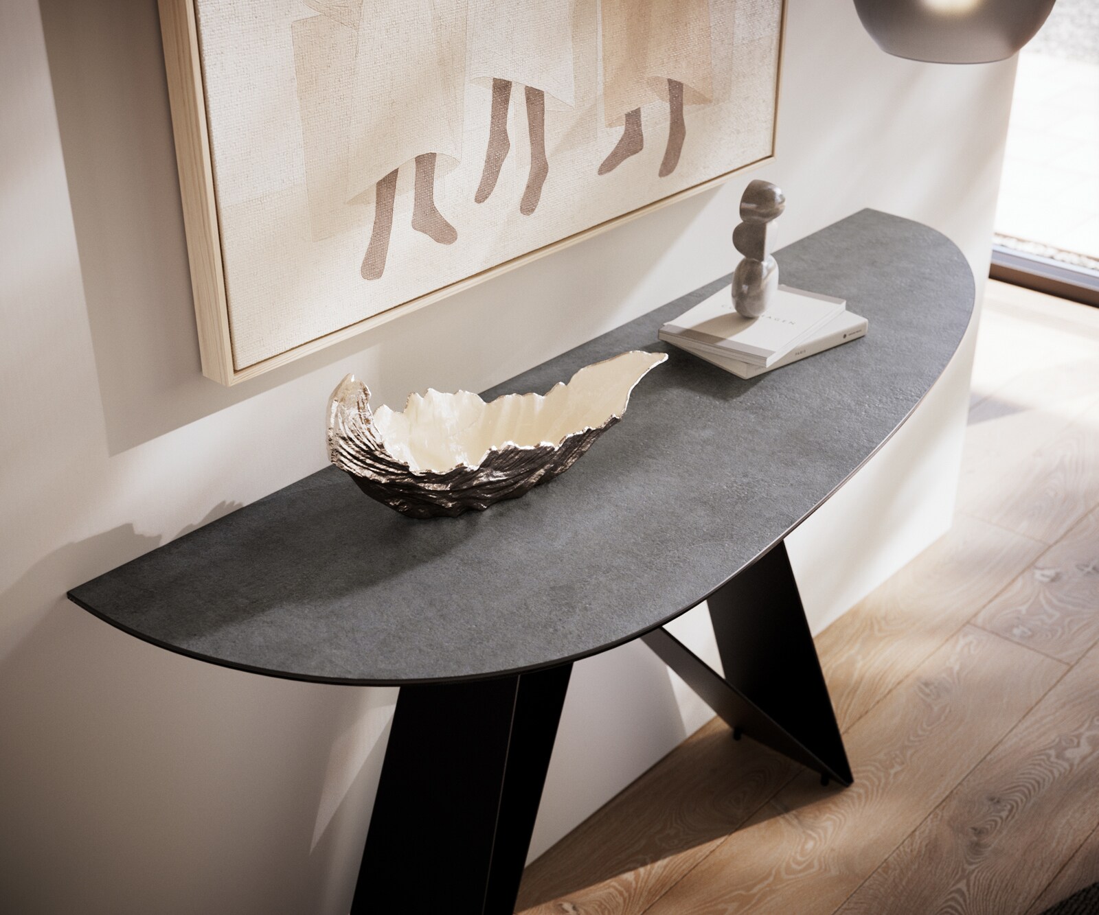 Consoletafel Edge Oval 140x40 cm Keramiek Beton Grijs Velio Metaal Zwart 6