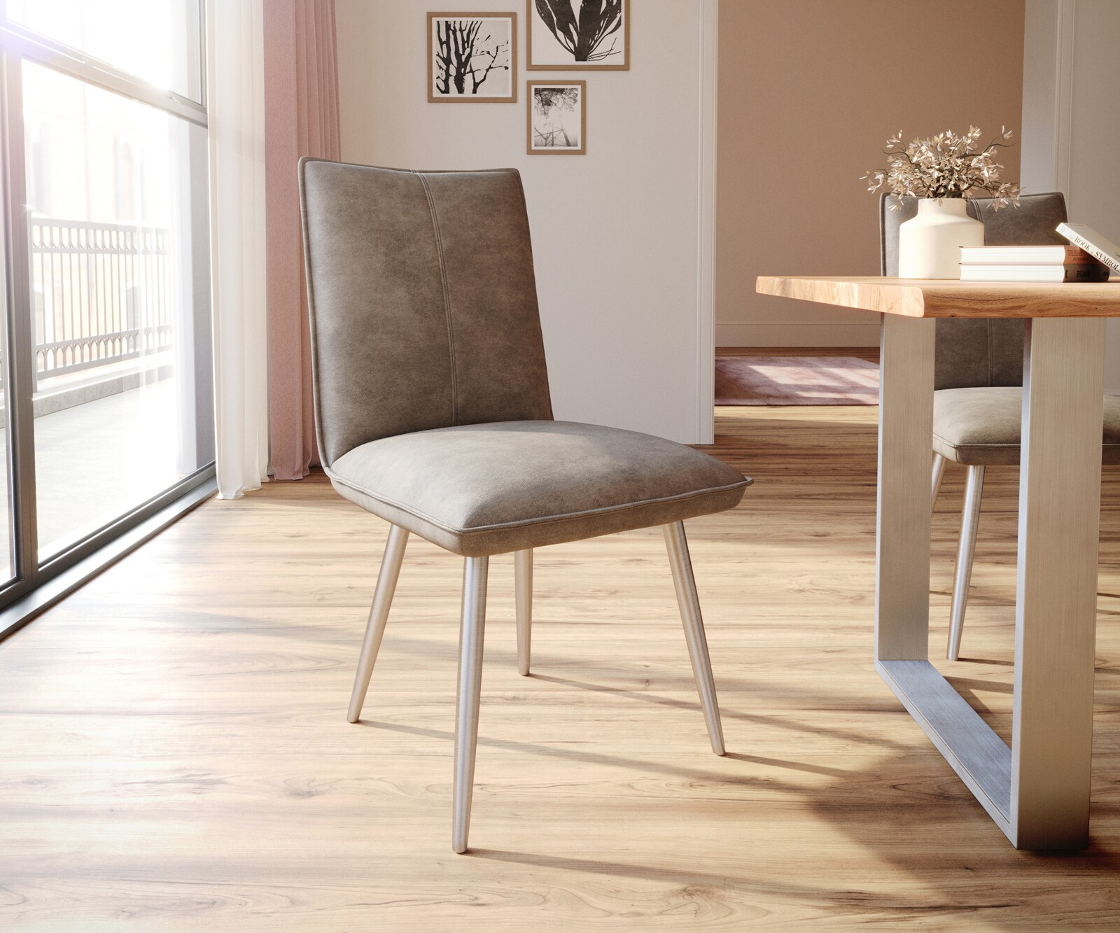 Eetkamerstoel Lelio-Flex microvelours taupe vintage 4-poot conisch roestvrij staal pocketveer kern