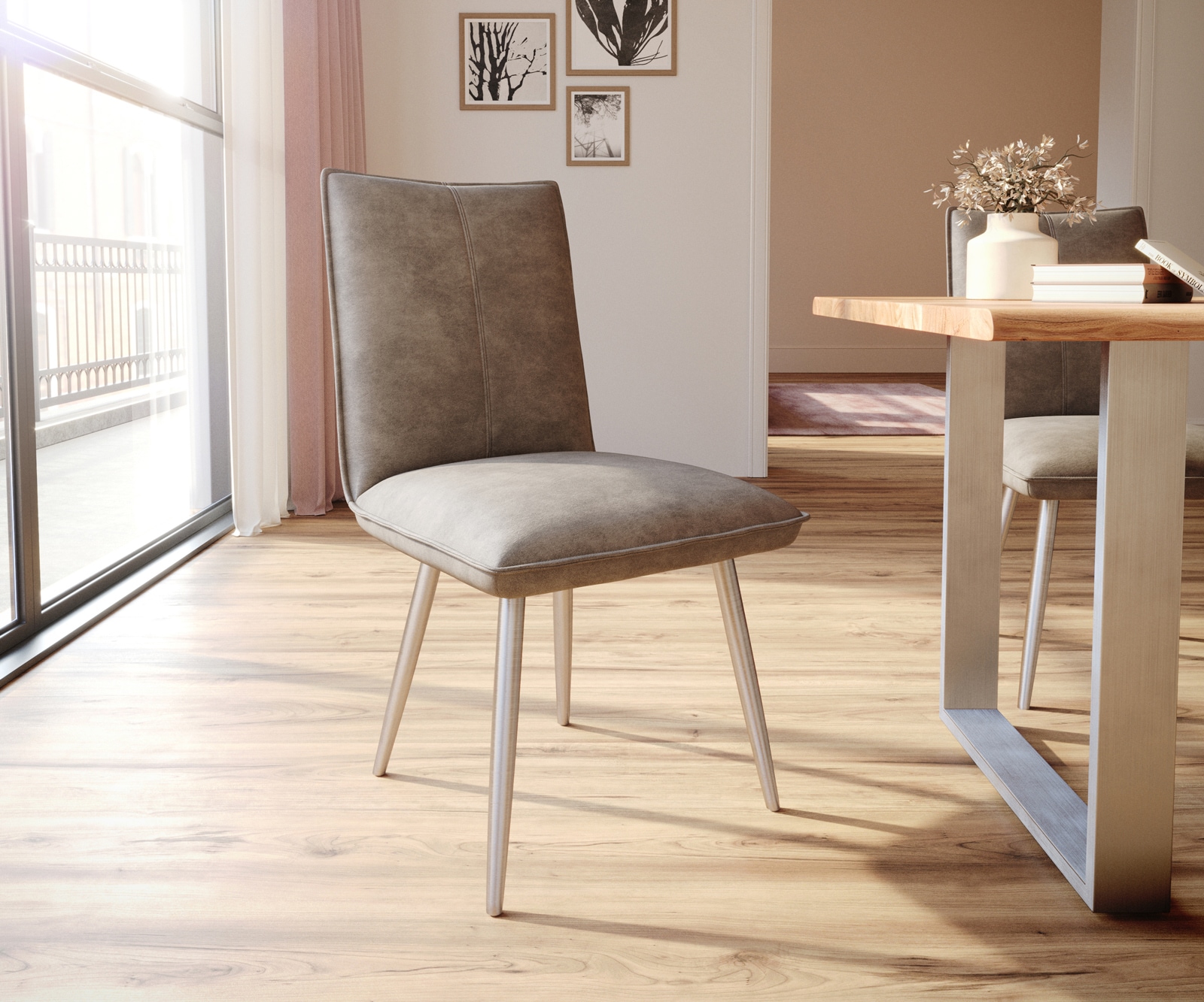 Eetkamerstoel Lelio-Flex microvelours taupe vintage 4-poot conisch roestvrij staal pocketveer kern 1