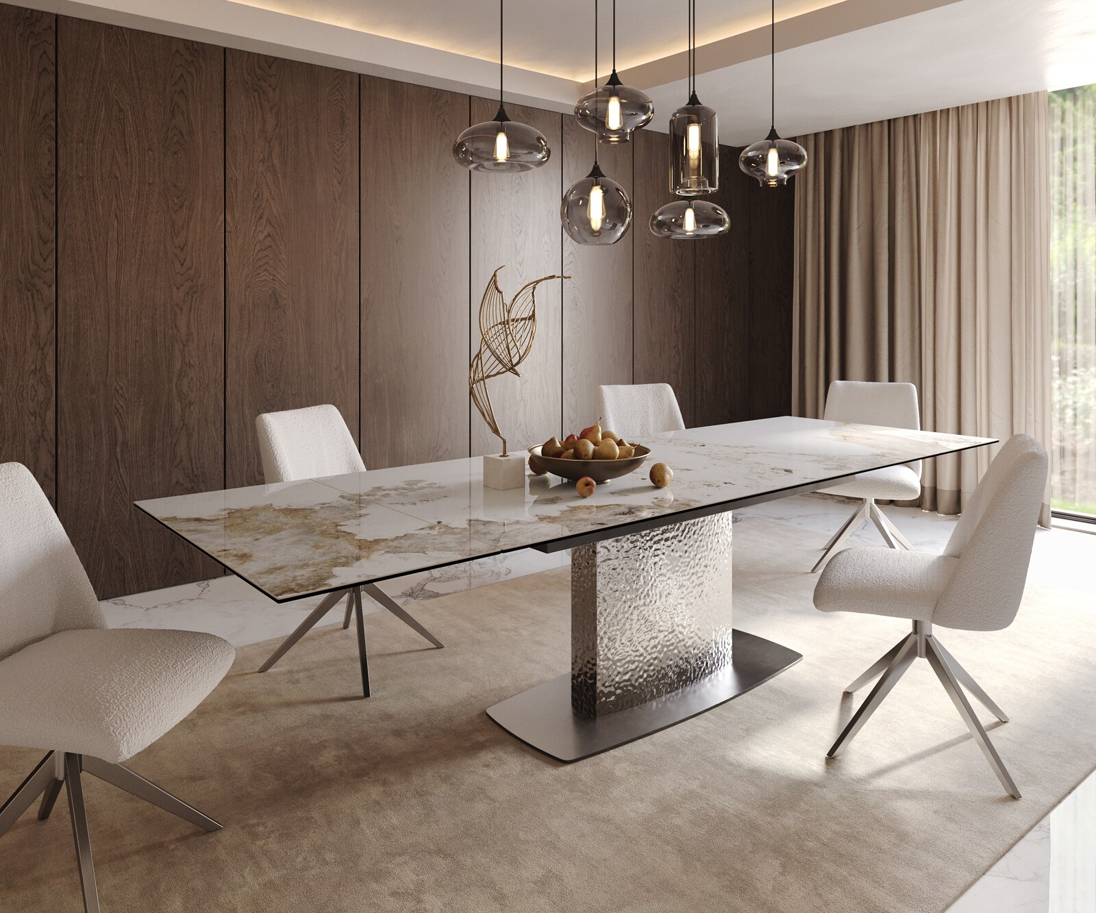 Eetkamertafel Edge 200-300x100 keramiek Minas Melange wit-beige Wave RVS uitschuifbaar