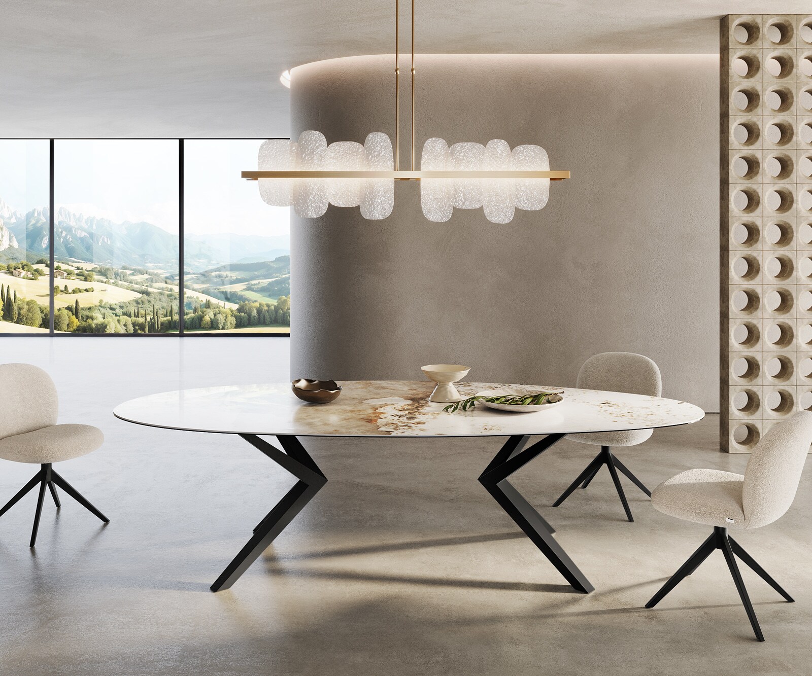Eetkamertafel Edge ovaal 280x130 keramiek Minas Melange wit-Beige Zenthara hoekig metaal zwart 1
