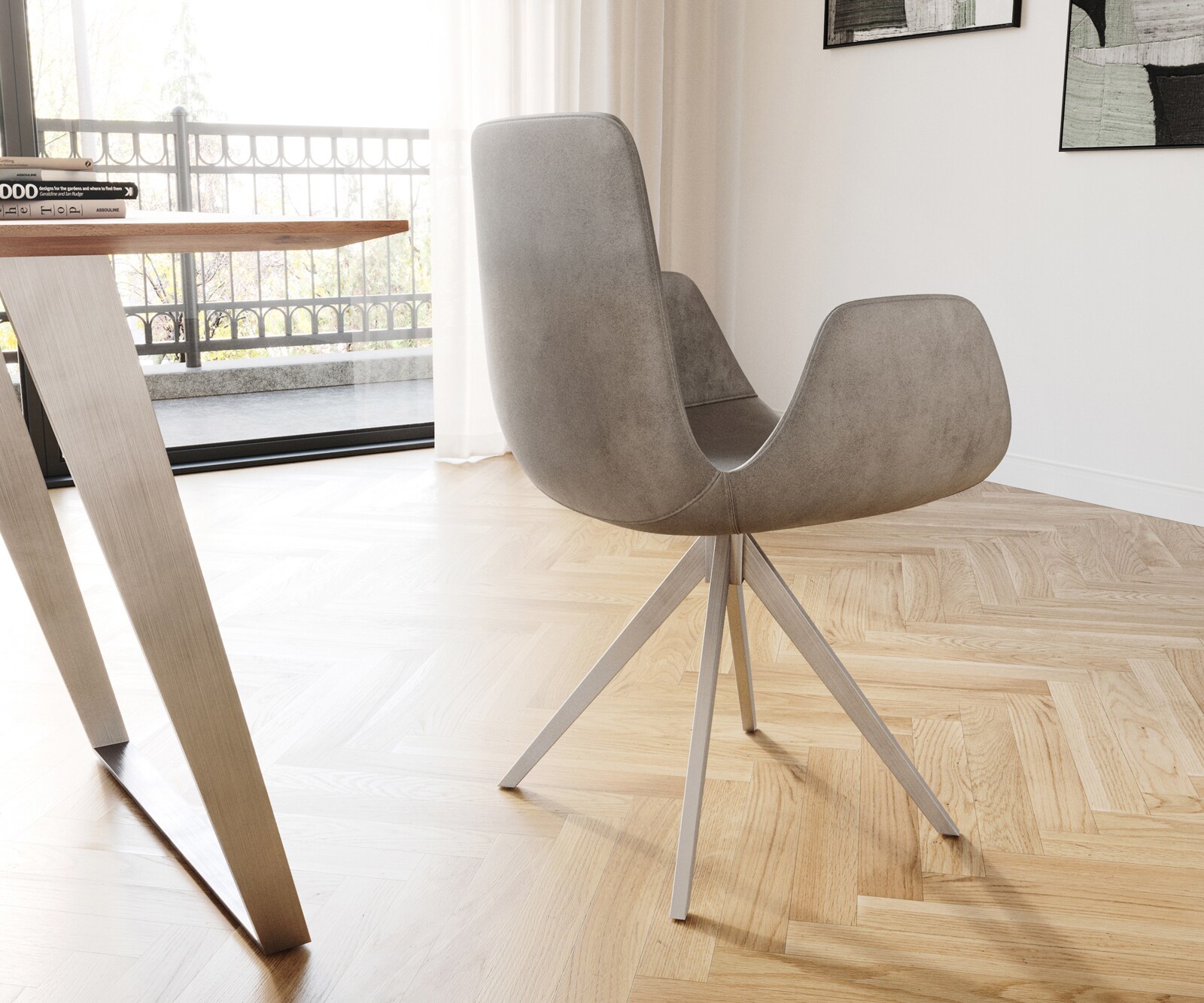 Eetkamerstoel Ilia-Flex met armleuning fluweel grijs kruisframe hoekig roestvrij staal 4 Eetkamerstoel Ilia-Flex met armleuning fluweel grijs kruisframe hoekig roestvrij staal 4