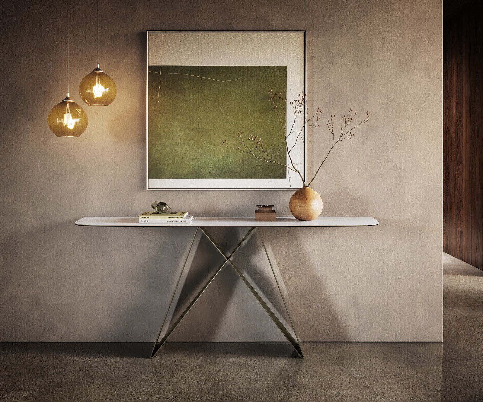 Consoletafel Edge Bootvorm 180x40 cm Keramiek Onyx Pearl Velio Metaal Effektfinish Titan 1
