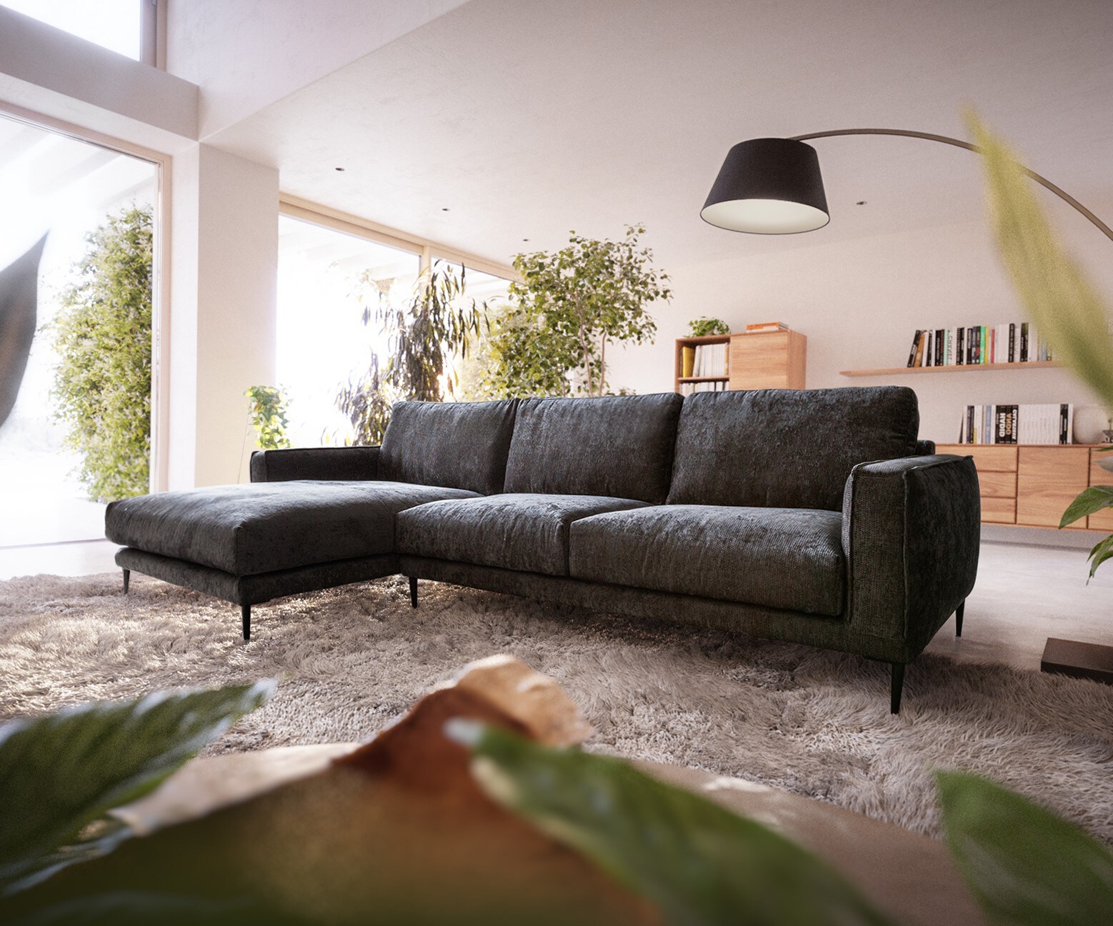 Hoekbank Sottil 290 x 165cm Chenille antraciet recamiere links