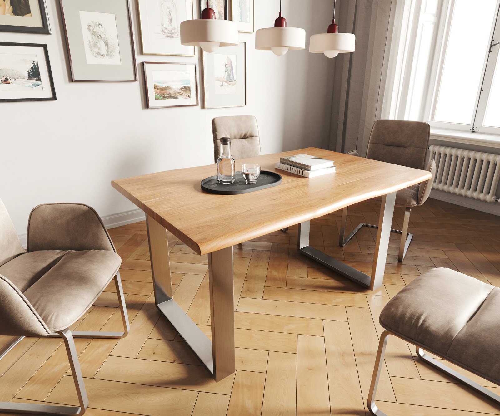 Eettafel Edge 140x90 acacia natuur roestvrijstaal smal Live-Edge